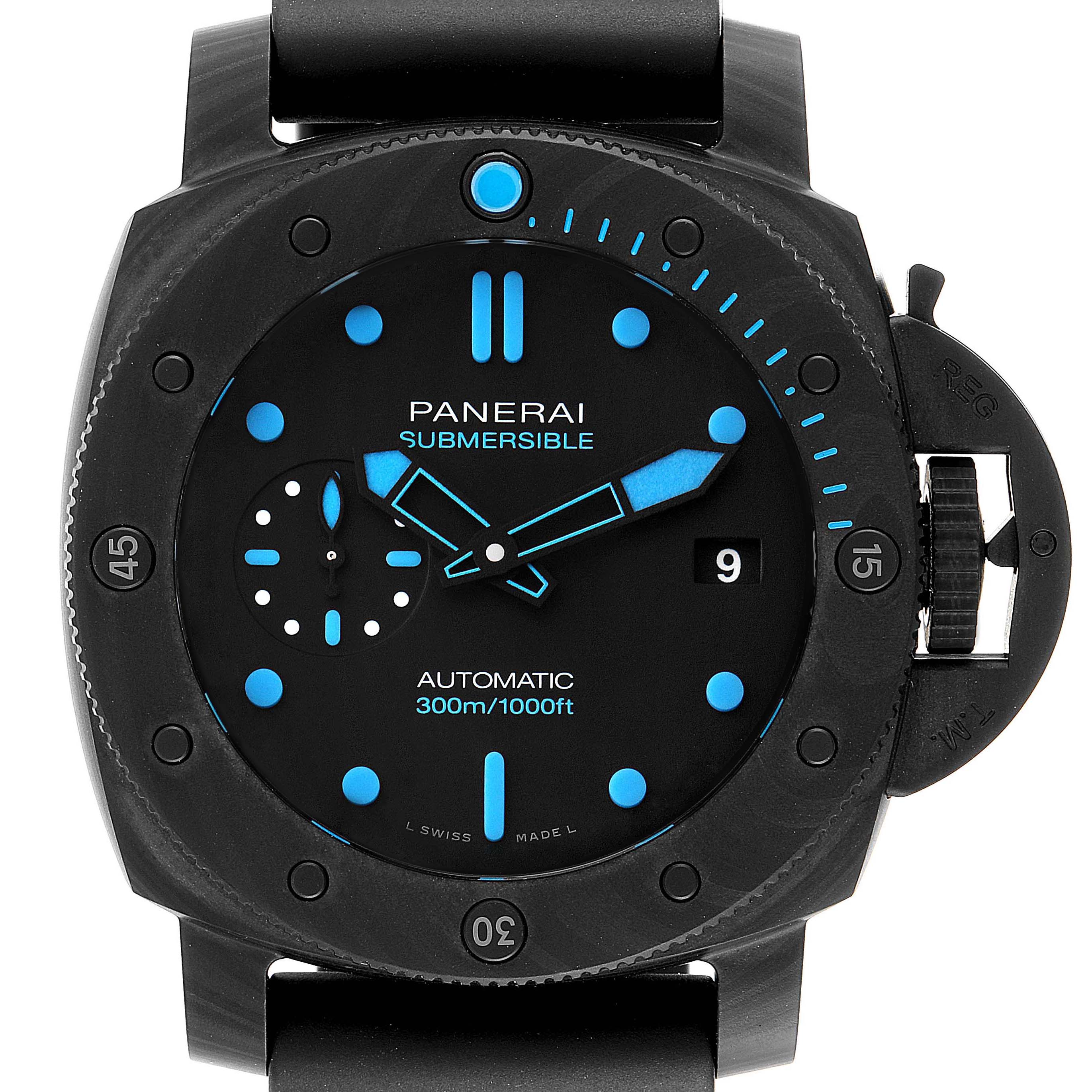 This image shows a front view of the Panerai Submersible PAM00960 Men's Ceramic Black Dial PAM00960 Men's Ceramic Black Dial watch, highlighting its dial, hands, and bezel.
