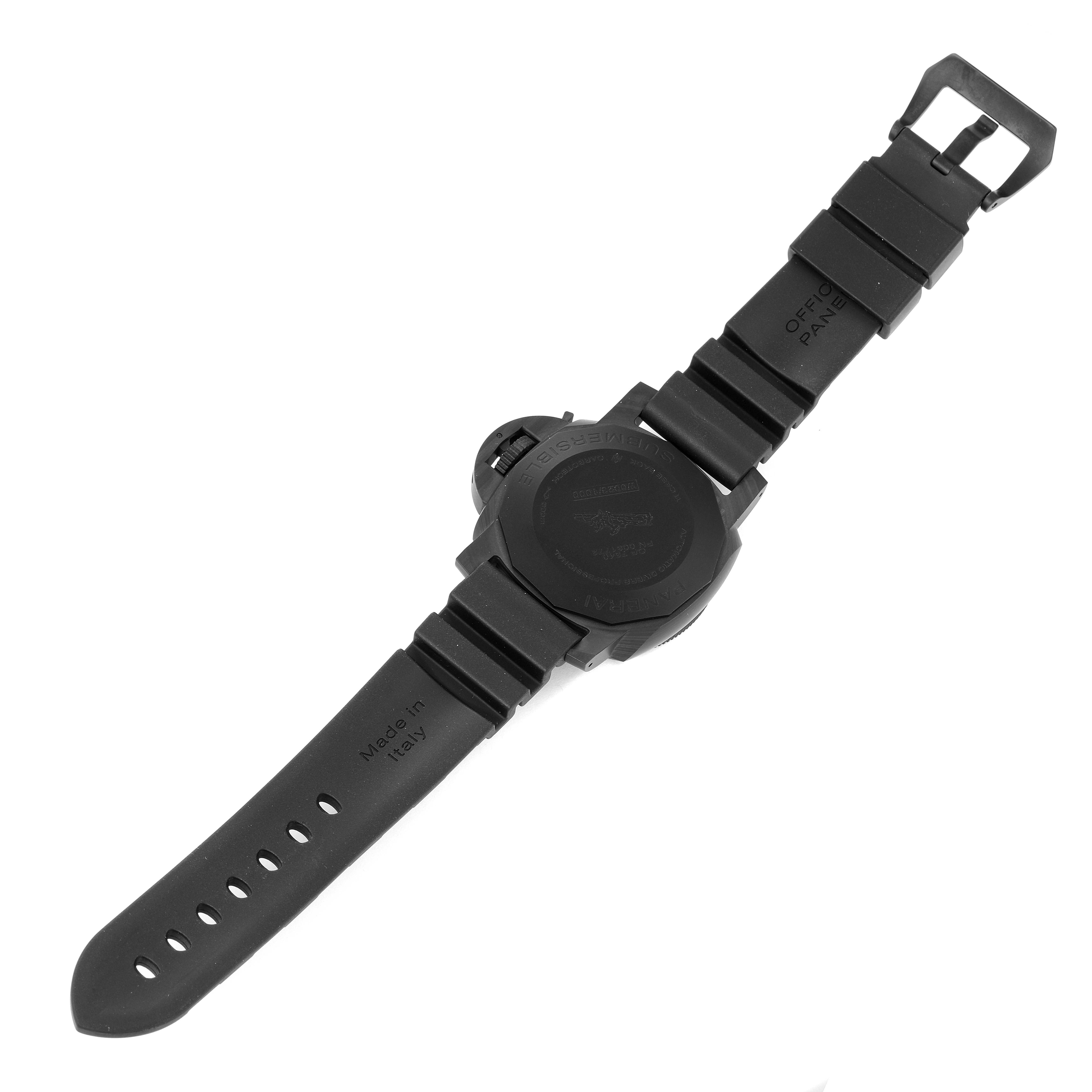 The image shows the back and straps of a Panerai Submersible PAM00960 Men's Ceramic Black Dial PAM00960 Men's Ceramic Black Dial watch from a top-down angle.