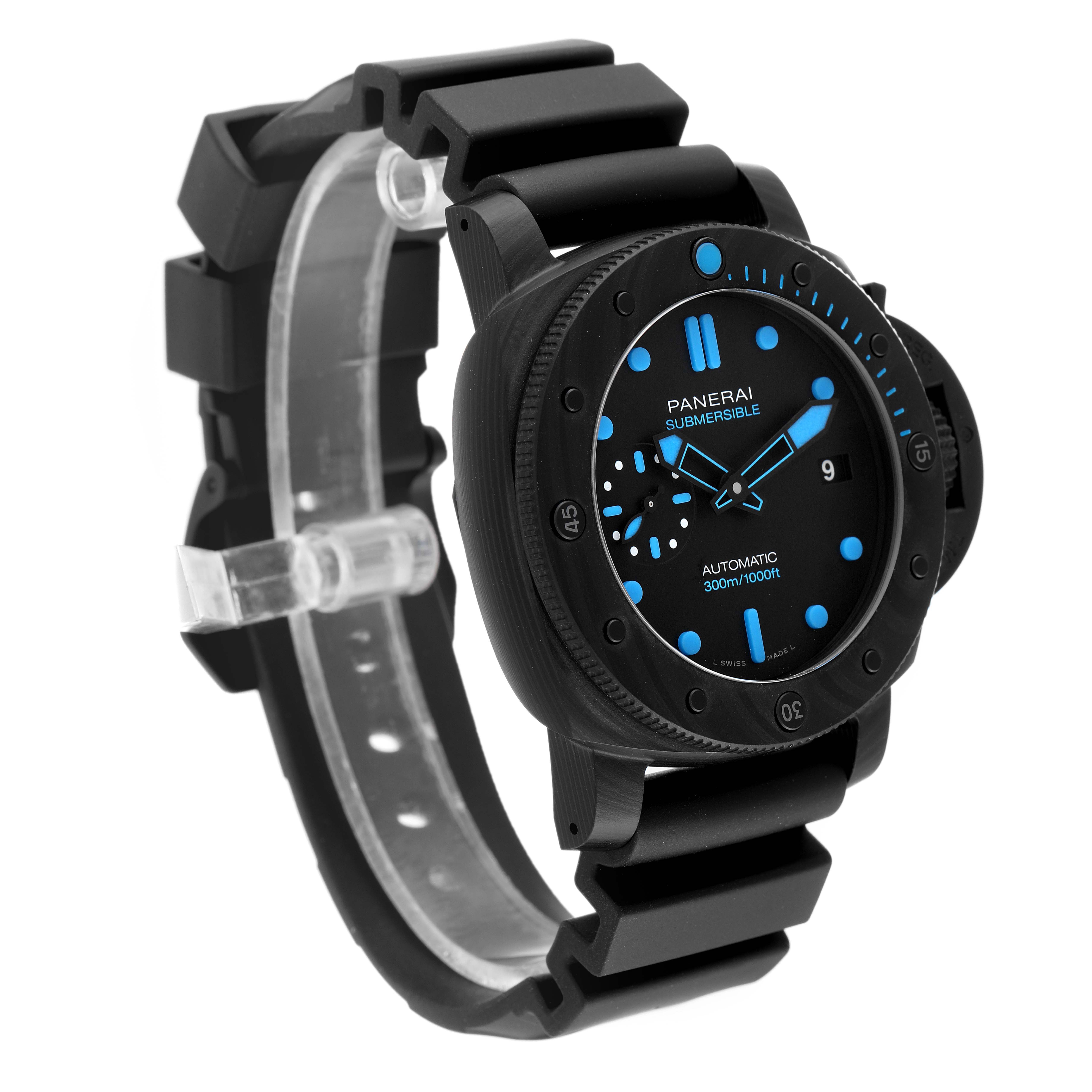 The Panerai Submersible PAM00960 Men's Ceramic Black Dial PAM00960 Men's Ceramic Black Dial watch is shown at a three-quarter angle, displaying the strap, face, and bezel.
