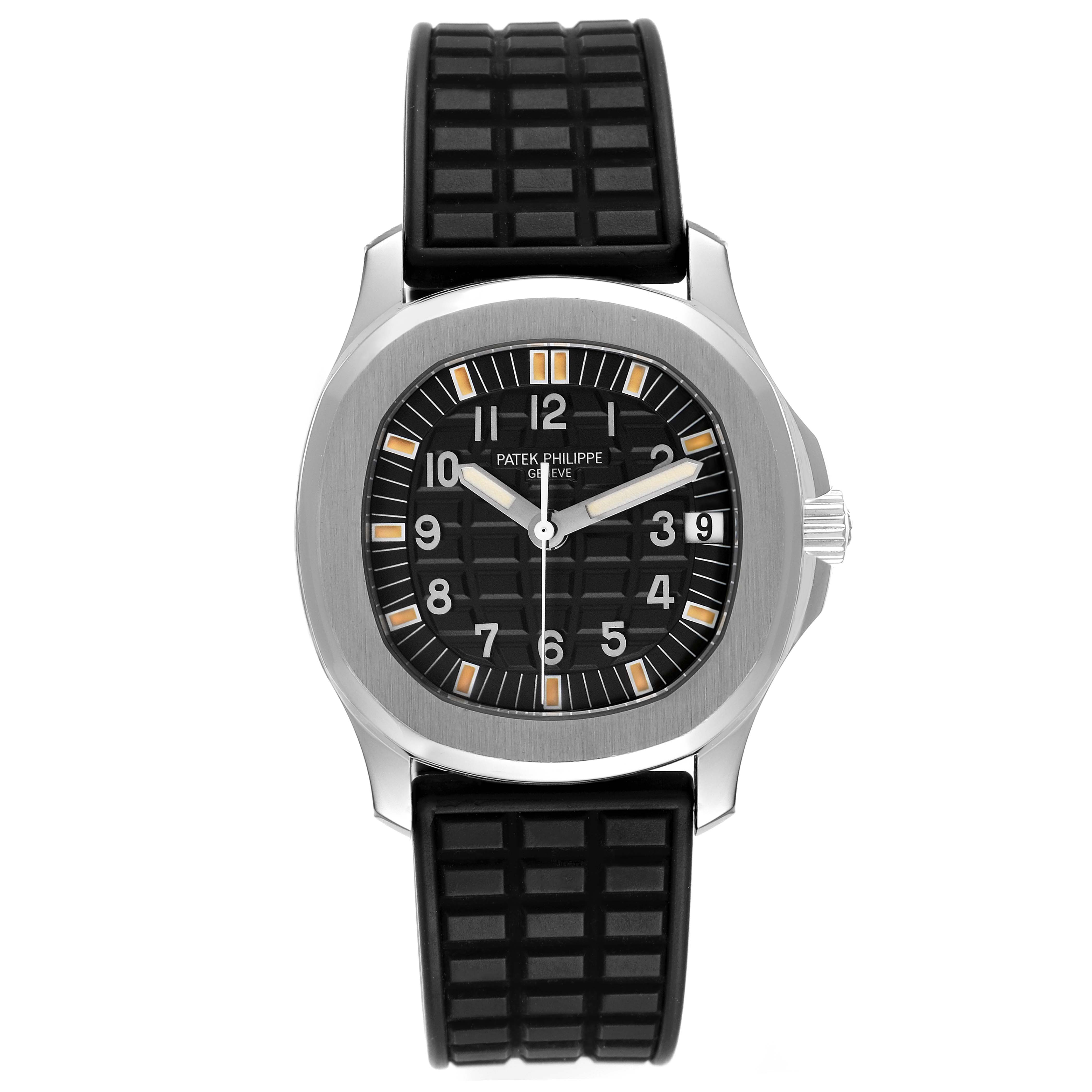 The image shows a front view of the Patek Philippe Aquanaut 5066A Men
s Stainless Steel Black Dial 5066A Men
s Stainless Steel Black Dial watch, featuring its black dial, date window, and textured rubber strap.