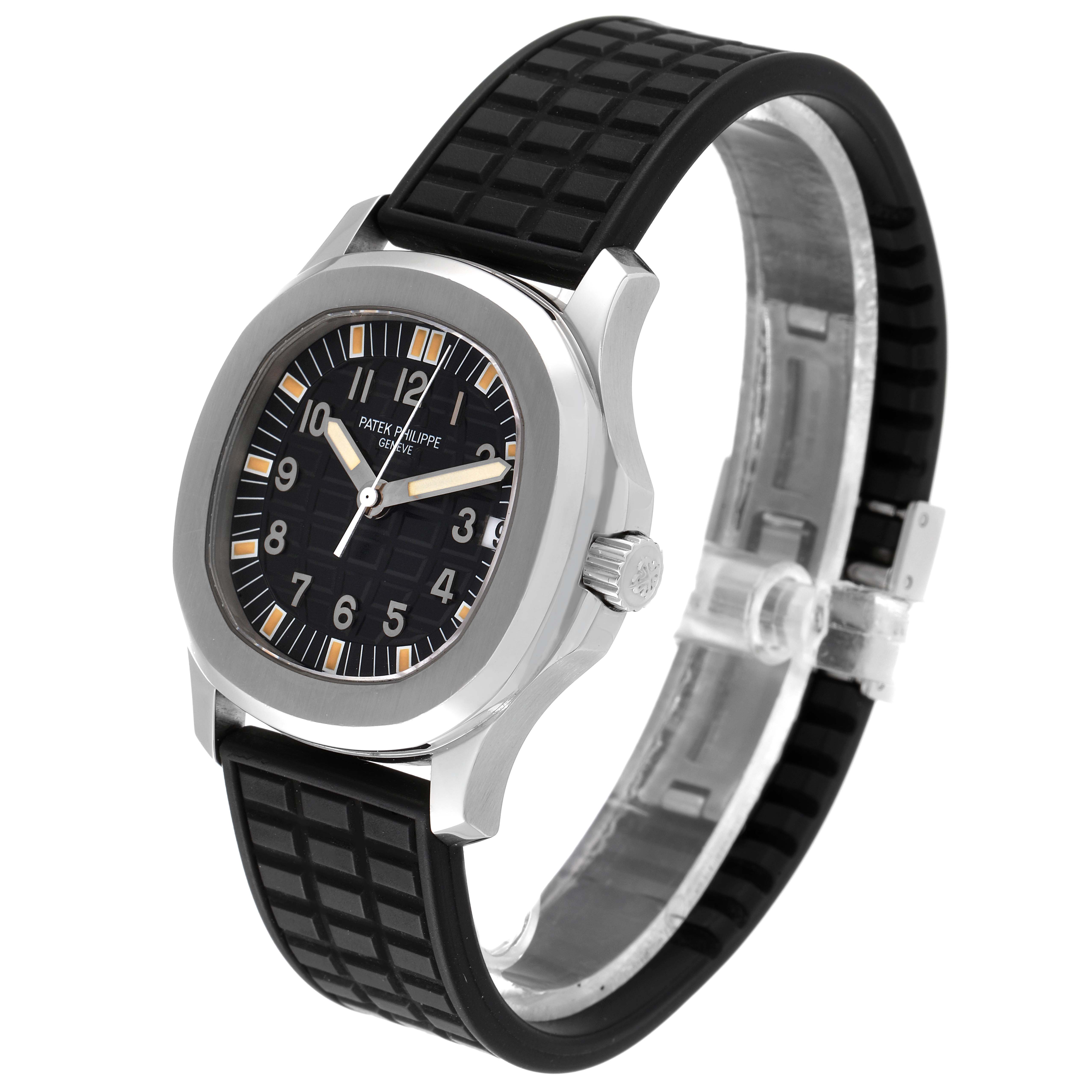 This image shows a Patek Philippe Aquanaut 5066A Men
s Stainless Steel Black Dial 5066A Men
s Stainless Steel Black Dial watch at a front-right angle, highlighting its dial, bezel, rubber strap, and crown.