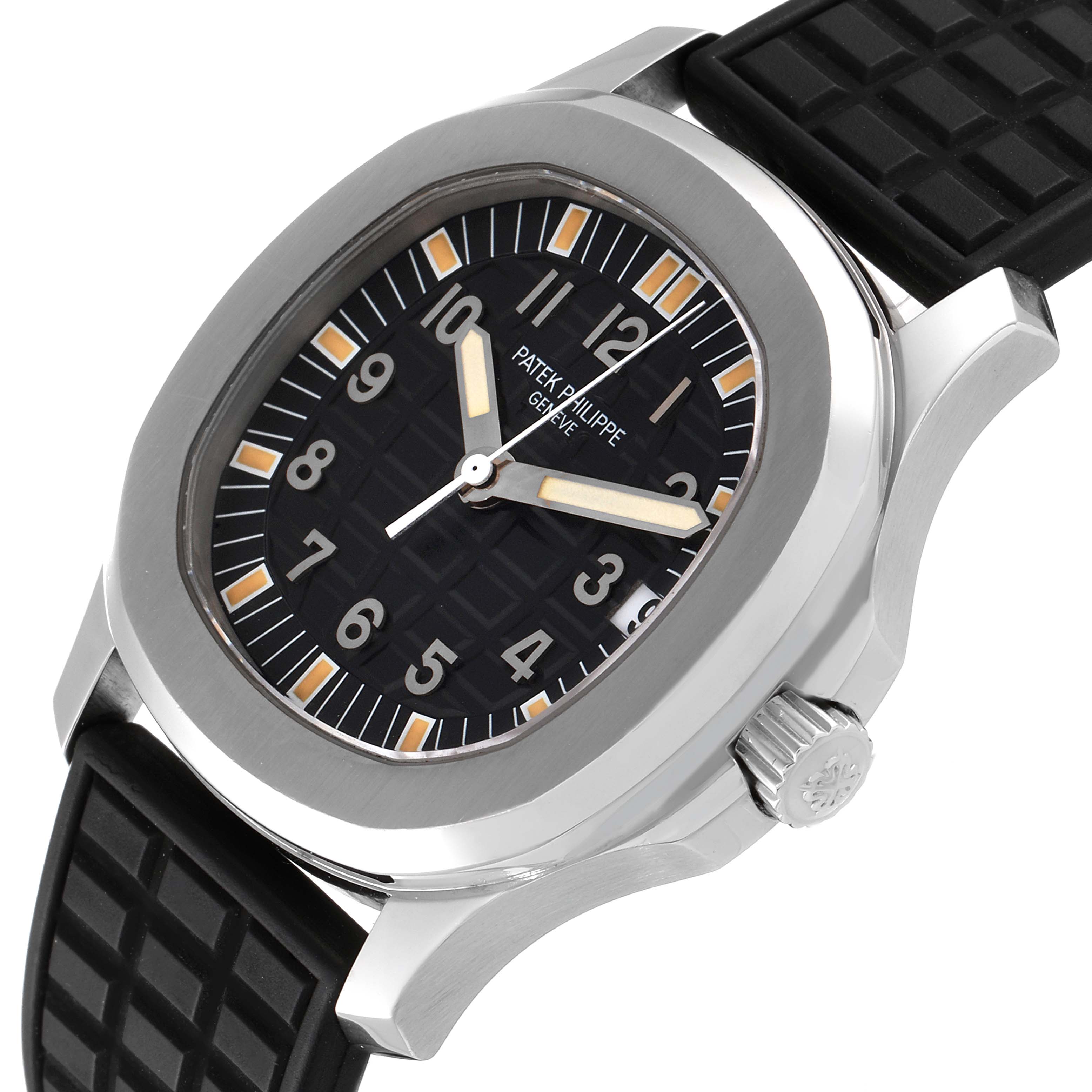 This image shows a close-up angle of the Patek Philippe Aquanaut 5066A Men
s Stainless Steel Black Dial 5066A Men
s Stainless Steel Black Dial watch, highlighting the dial, case, crown, and a section of the rubber strap.