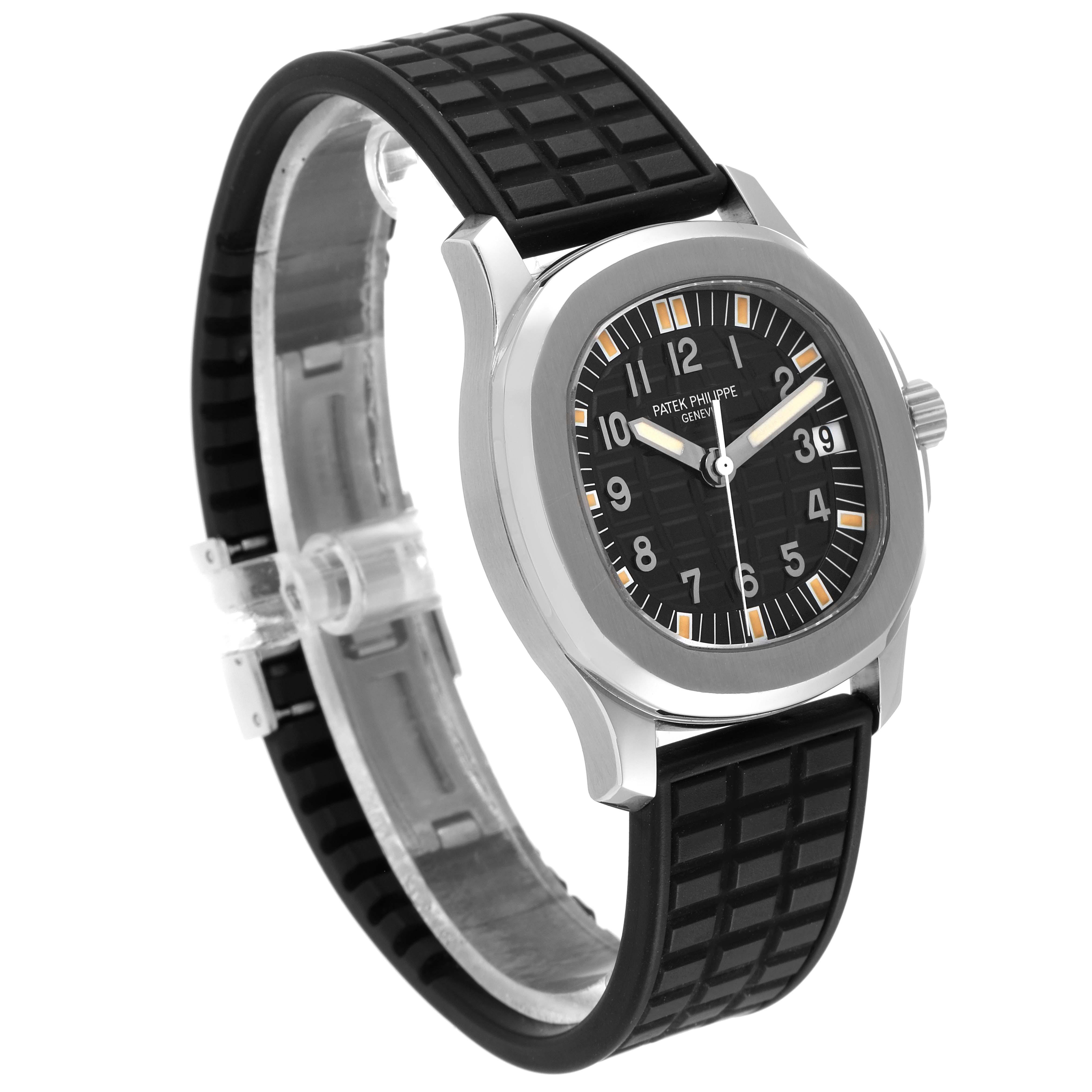 The image shows a Patek Philippe Aquanaut 5066A Men
s Stainless Steel Black Dial 5066A Men
s Stainless Steel Black Dial watch at a slight angle, displaying the face, bezel, and rubber strap.