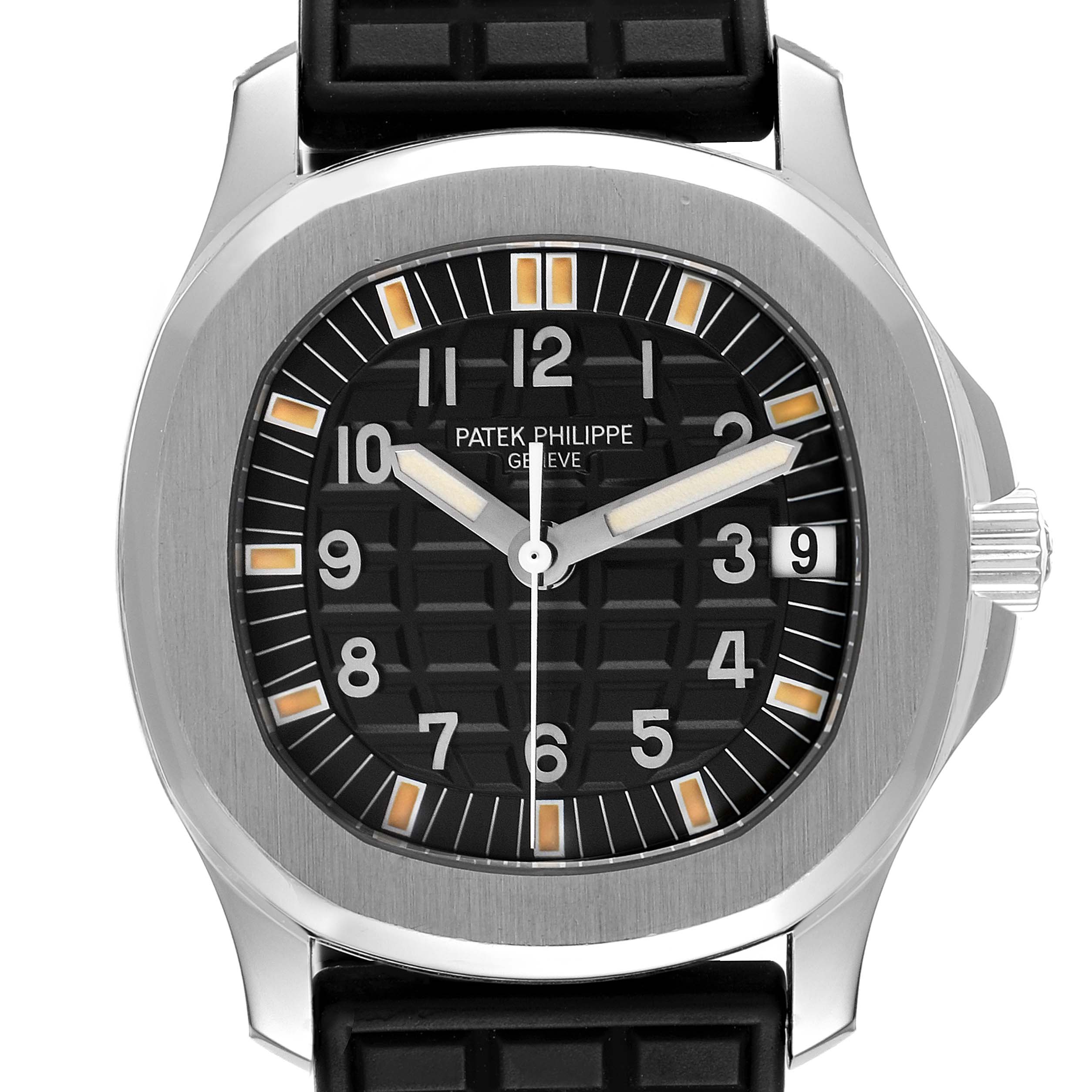 This image shows a top view of the Patek Philippe Aquanaut 5066A Men
s Stainless Steel Black Dial 5066A Men
s Stainless Steel Black Dial watch, highlighting the dial, bezel, crown, and part of the strap.