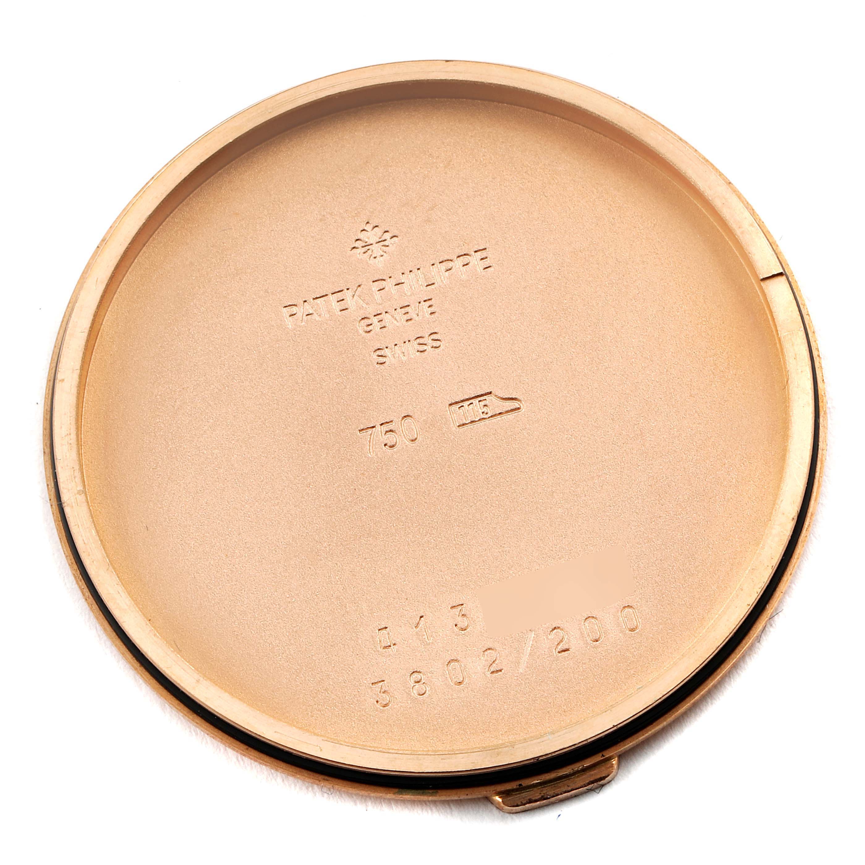 The image shows the inside of the case back for a Patek Philippe Calatrava 3802 Men's Rose Gold Beige Dial 3802 Men's Rose Gold Beige Dial watch.