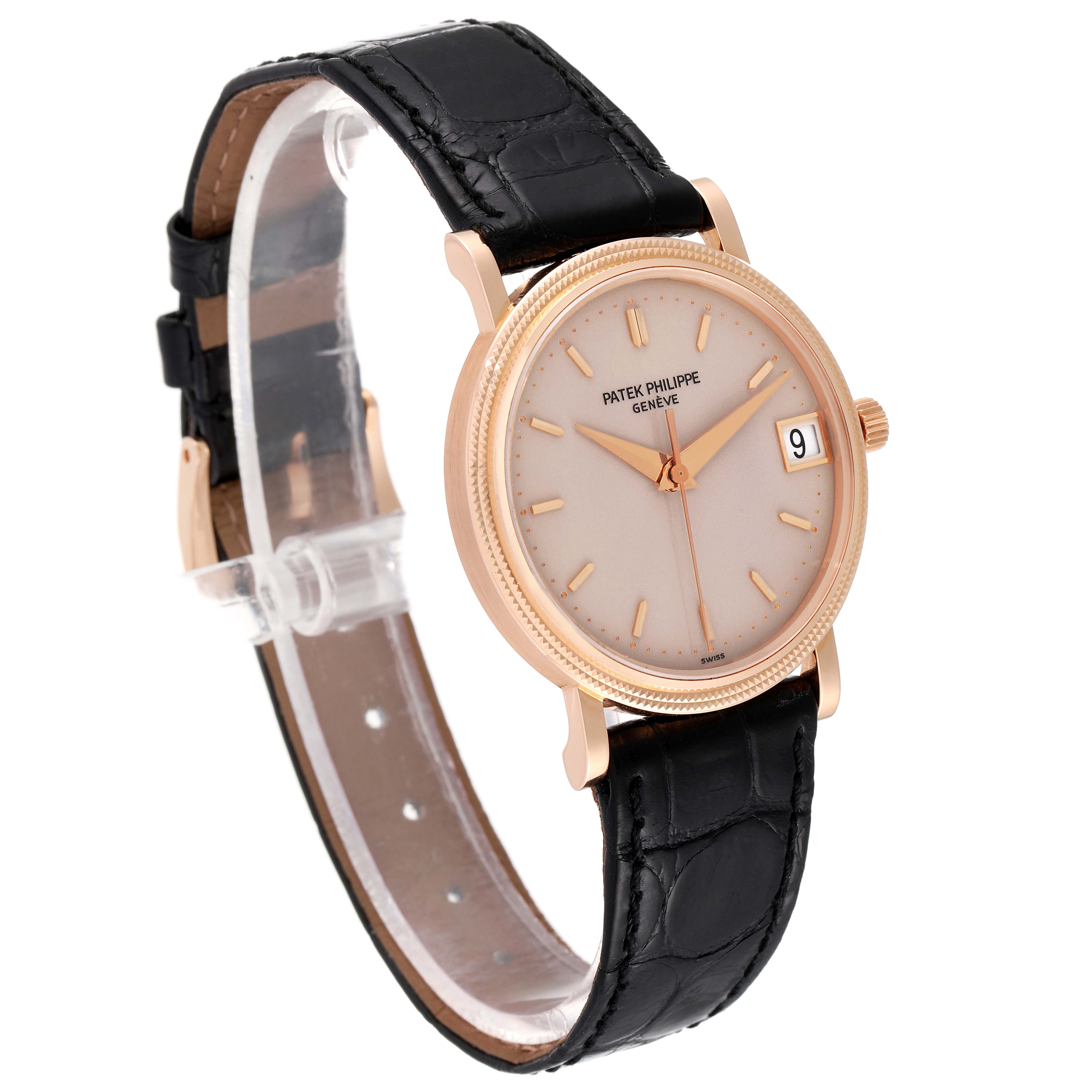 The image shows a Patek Philippe Calatrava 3802 Men's Rose Gold Beige Dial 3802 Men's Rose Gold Beige Dial watch at a slight angle, displaying the face, leather strap, and part of the buckle.