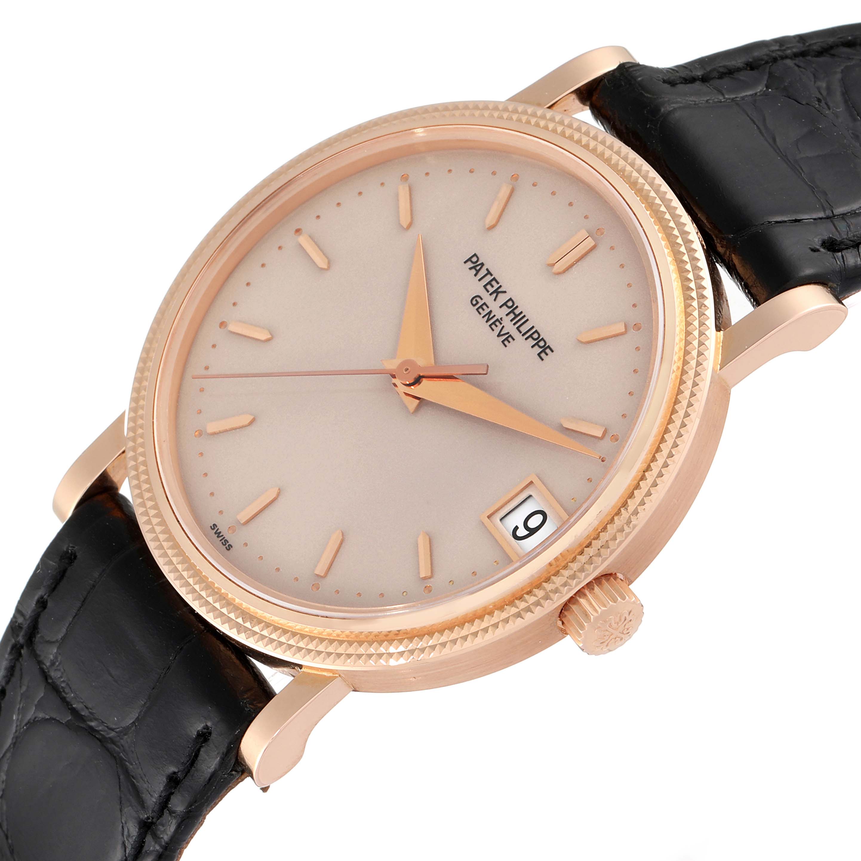 The image shows a Patek Philippe Calatrava 3802 Men's Rose Gold Beige Dial 3802 Men's Rose Gold Beige Dial watch from a three-quarter angle, highlighting the dial, hands, crown, date window, and leather strap.