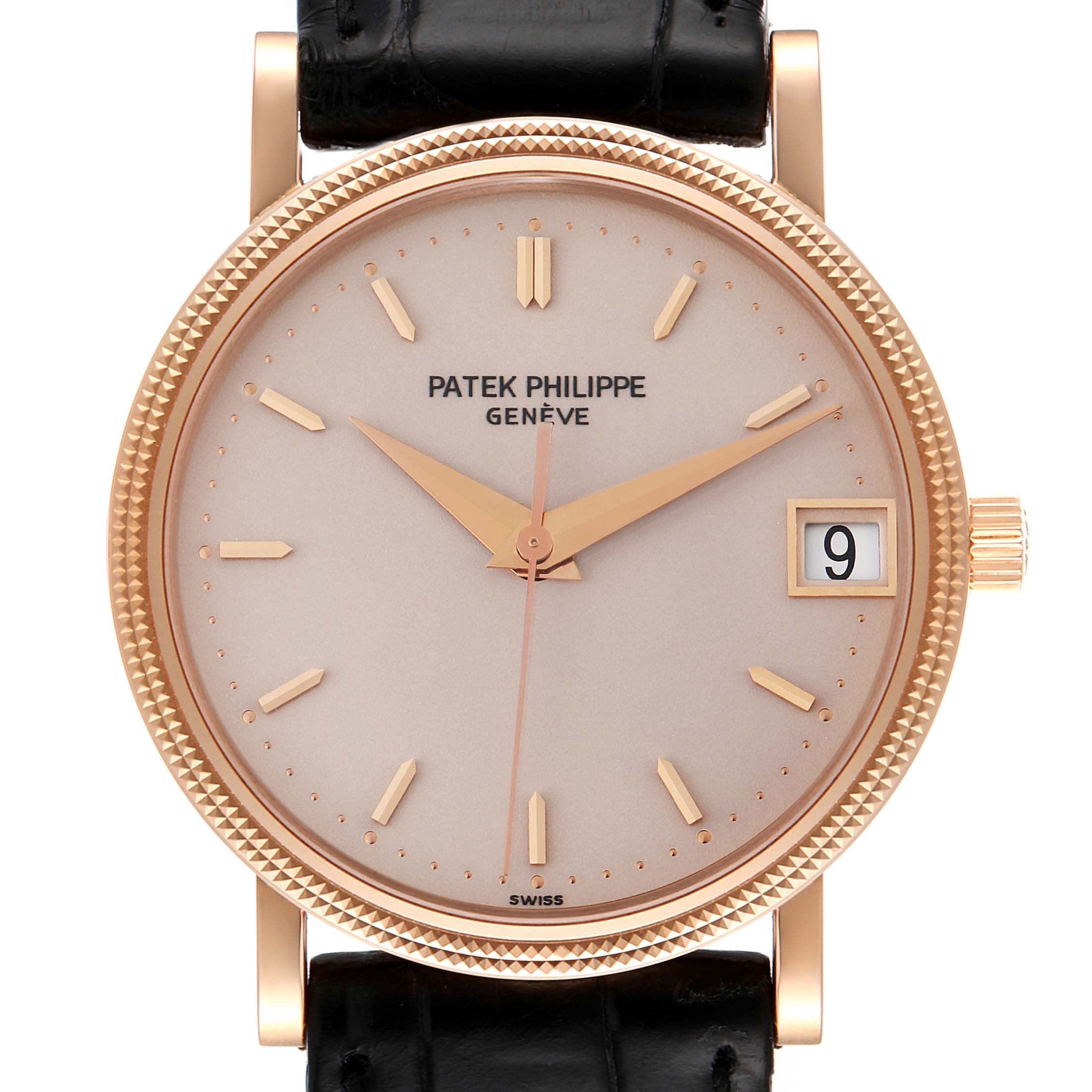 This image shows a front view of the Patek Philippe Calatrava 3802 Men's Rose Gold Beige Dial 3802 Men's Rose Gold Beige Dial watch, highlighting its dial, hands, date window, and crown.