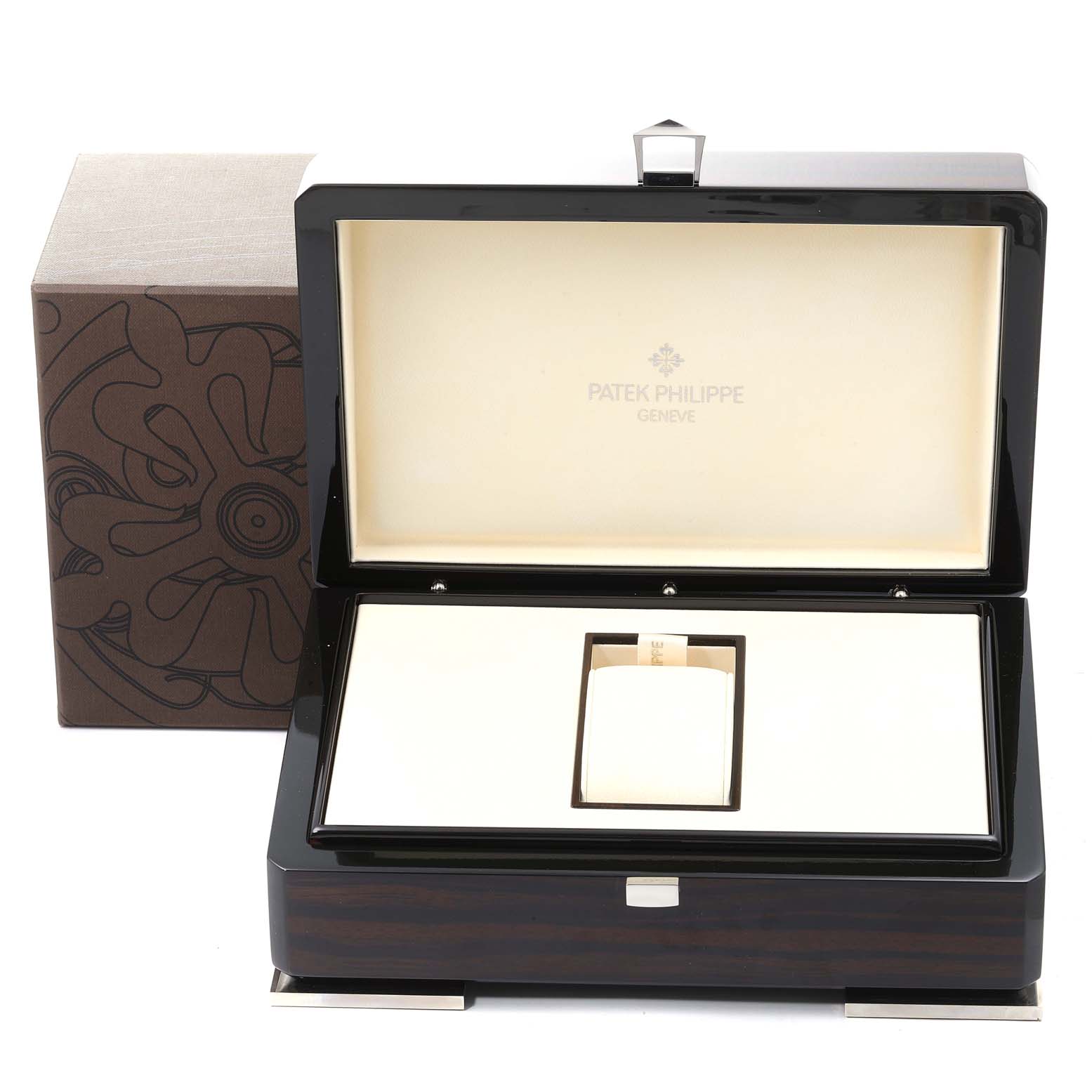 The image shows an open presentation box for a Patek Philippe Calatrava 5134G Men's White Gold White Dial 5134G Men's White Gold White Dial watch, displaying the interior with a cushion.