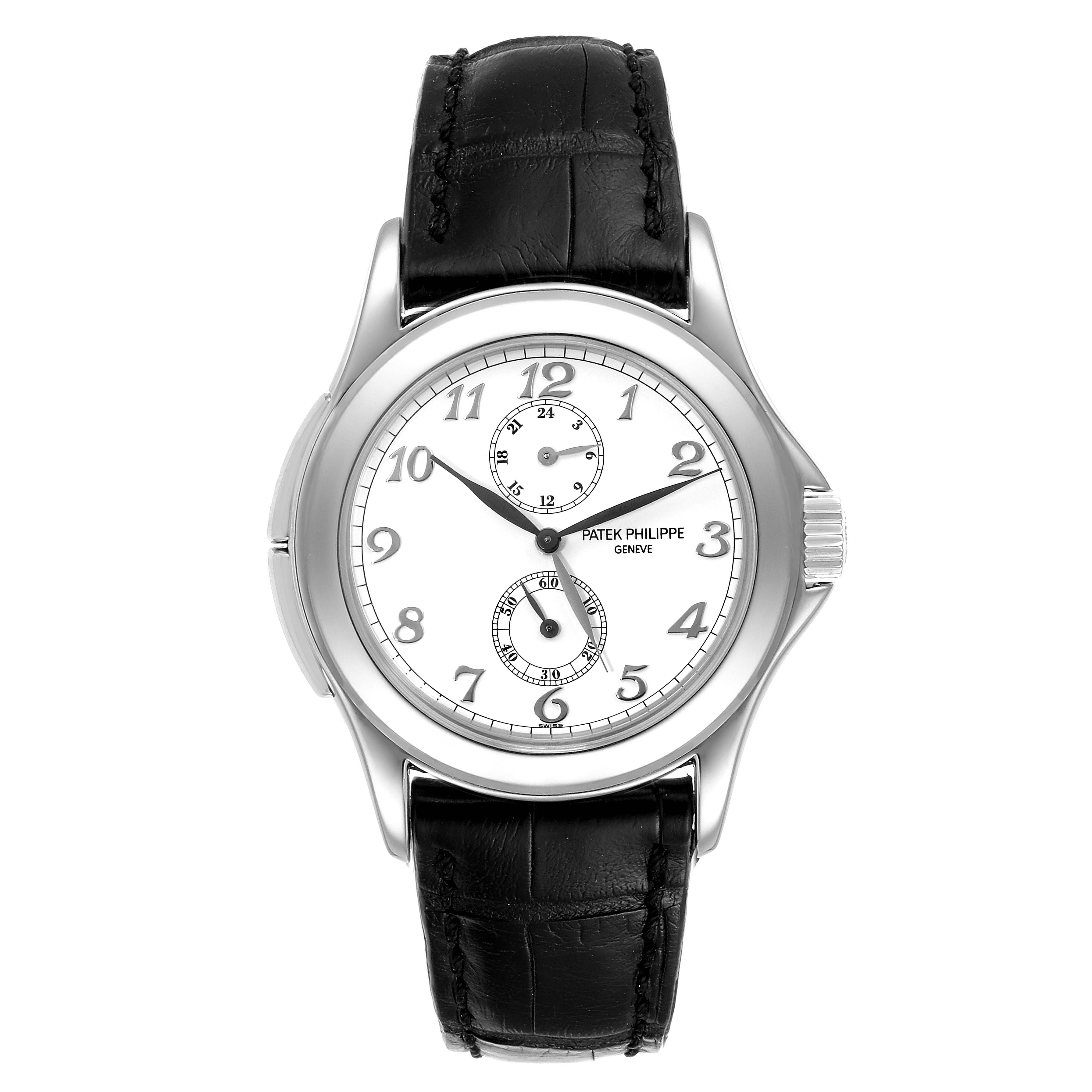 This image shows a front view of a Patek Philippe Calatrava 5134G Men's White Gold White Dial 5134G Men's White Gold White Dial watch, featuring its dial, hands, and leather strap.
