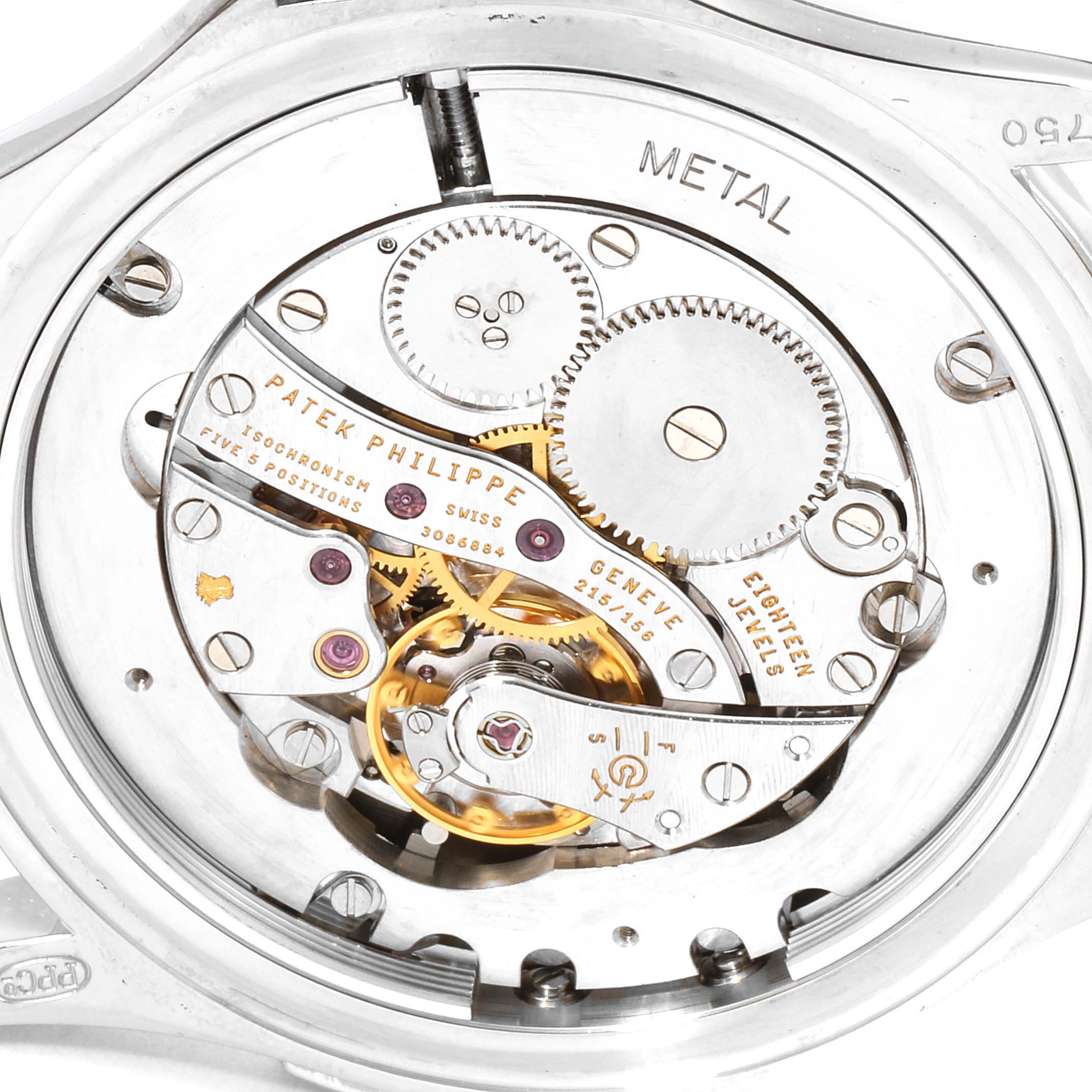This image shows a close-up of the movement mechanism of a Patek Philippe Calatrava 5134G Men's White Gold White Dial 5134G Men's White Gold White Dial watch.