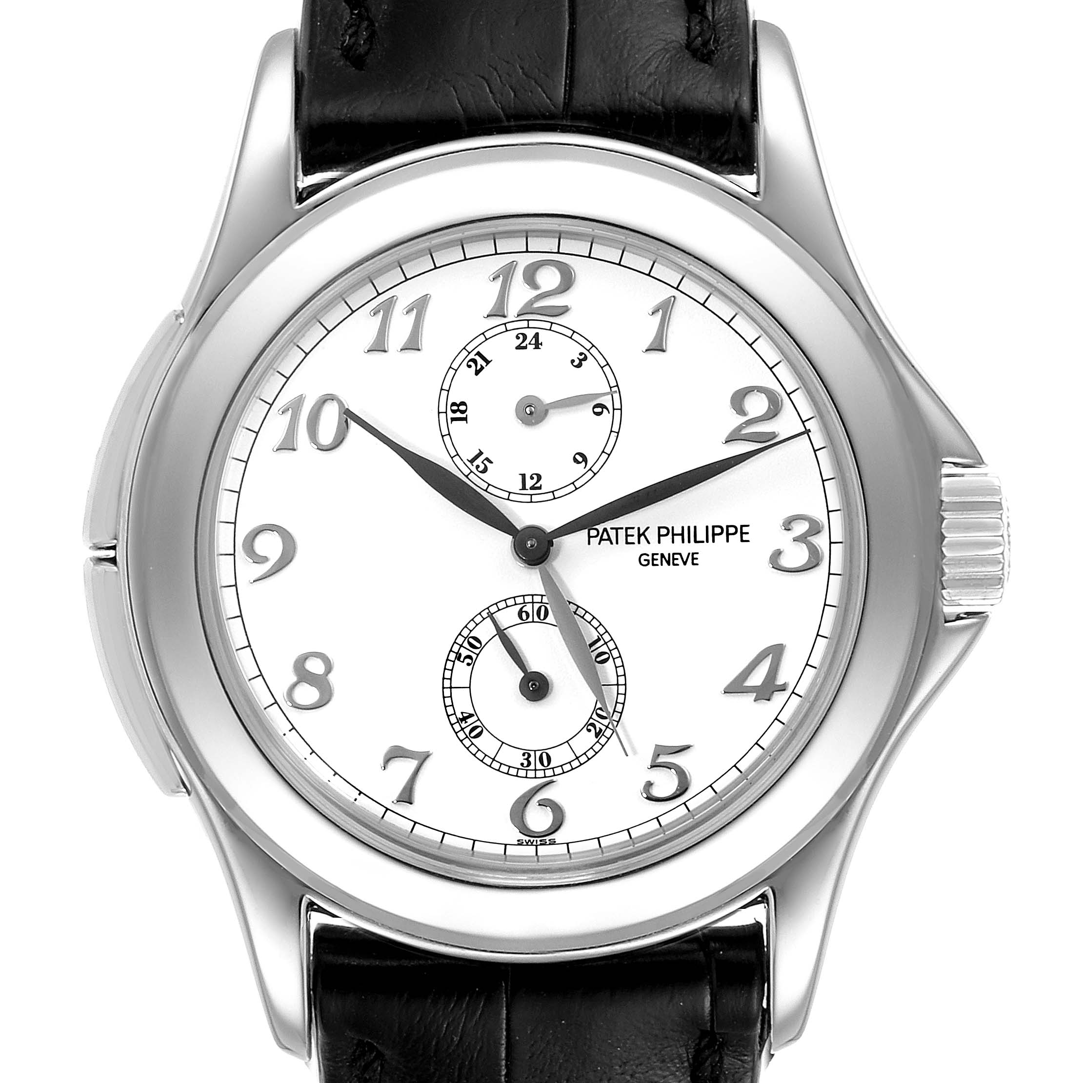 The image shows the front view of a Patek Philippe Calatrava 5134G Men's White Gold White Dial 5134G Men's White Gold White Dial watch, displaying its face, dial, and leather strap.