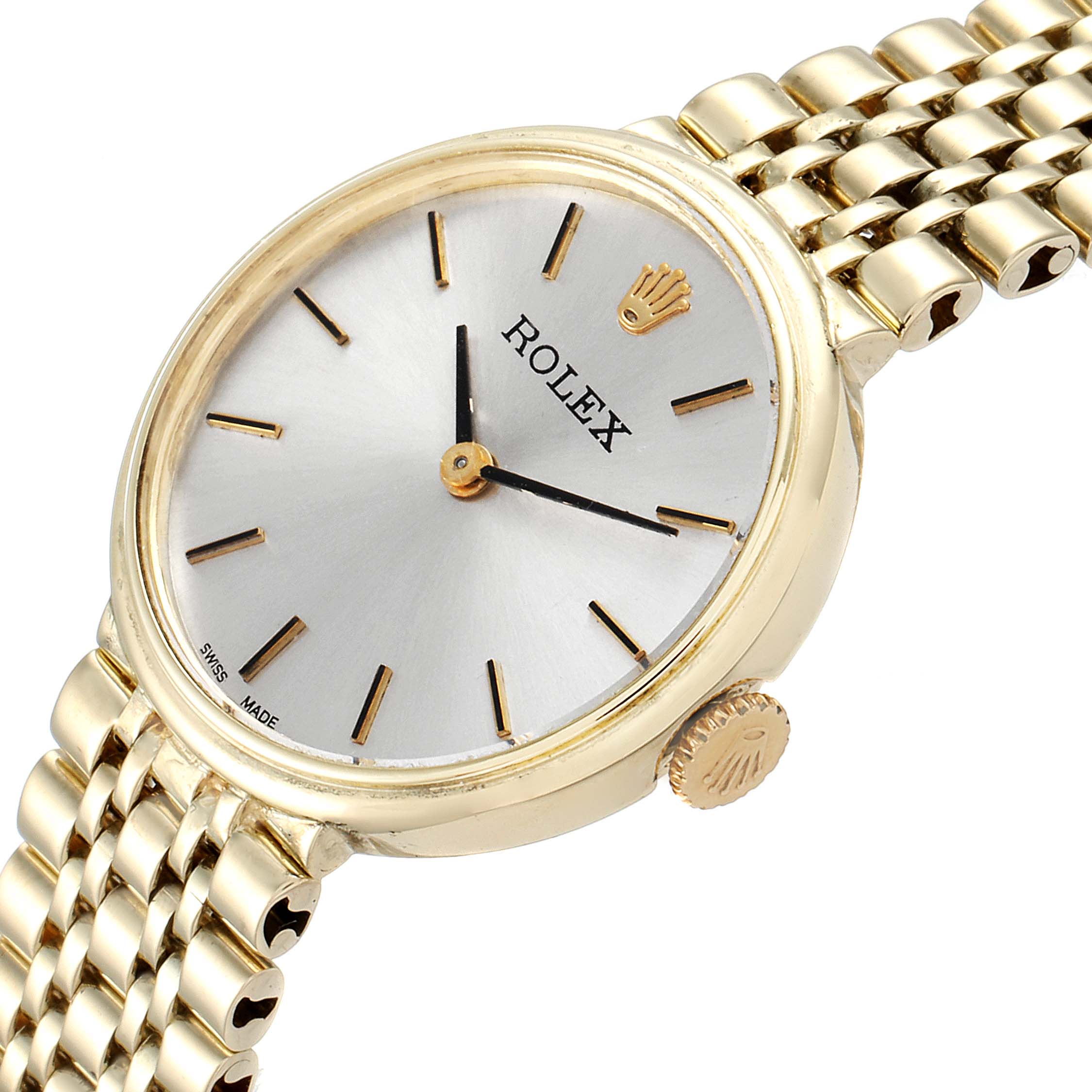 This image shows a Rolex Cocktail  Women's Yellow Gold Silver Dial  Women's Yellow Gold Silver Dial model watch from a slightly angled side view, highlighting the dial, bezel, crown, and bracelet.