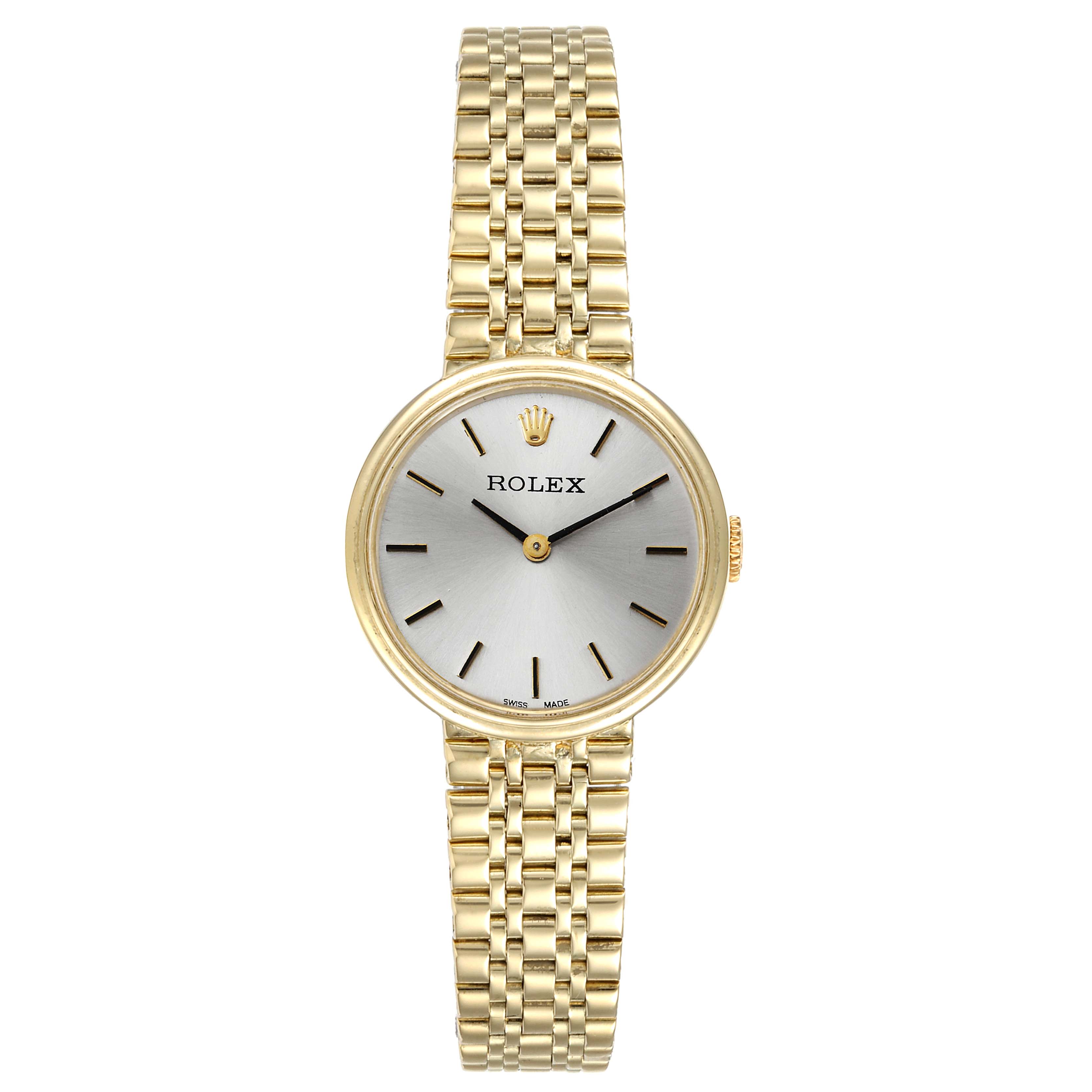 The Rolex Cocktail  Women's Yellow Gold Silver Dial  Women's Yellow Gold Silver Dial watch is shown from a front angle, displaying its gold bracelet and dial.