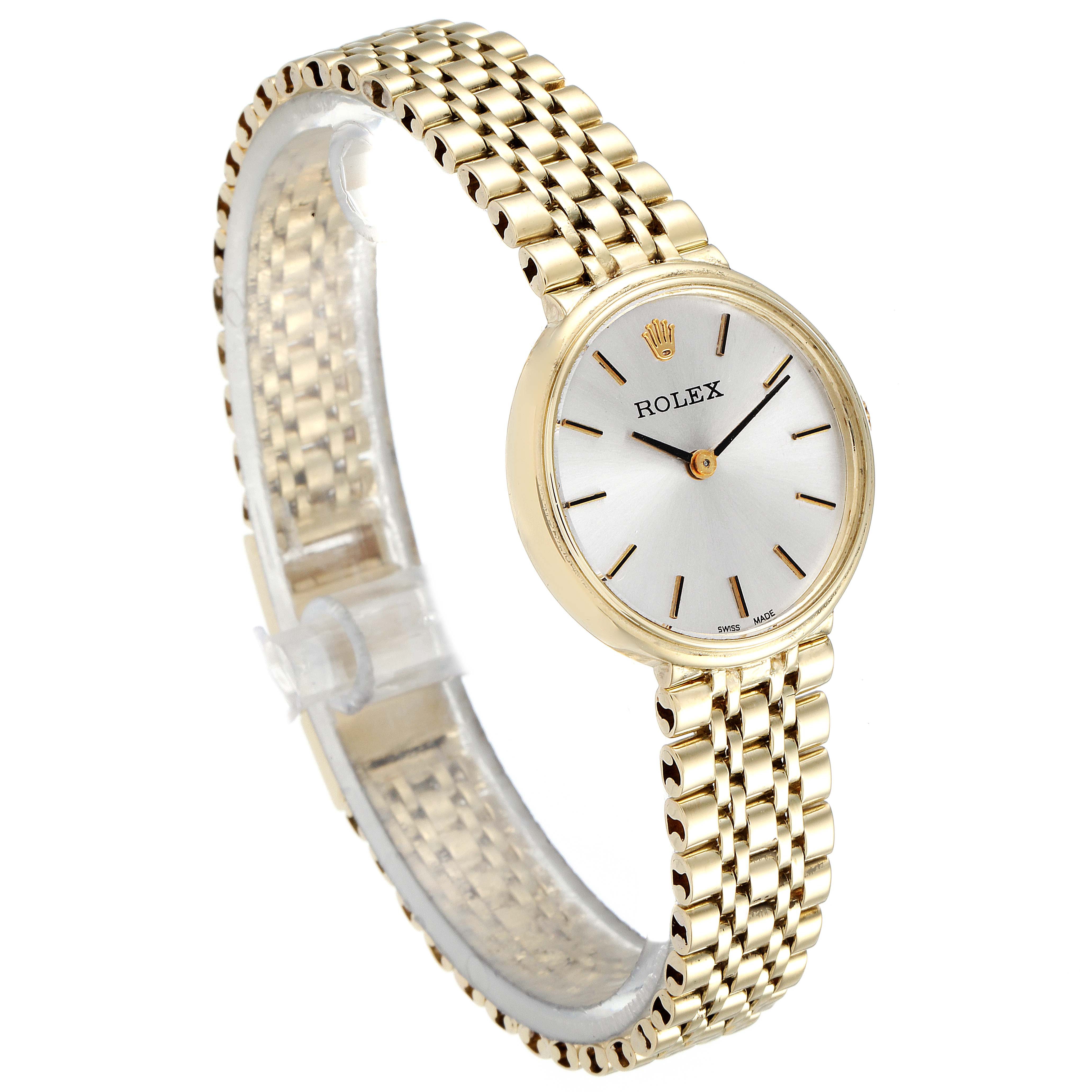 The image shows a Rolex Cocktail  Women's Yellow Gold Silver Dial  Women's Yellow Gold Silver Dial watch at an angled view, highlighting its golden bracelet and round dial.