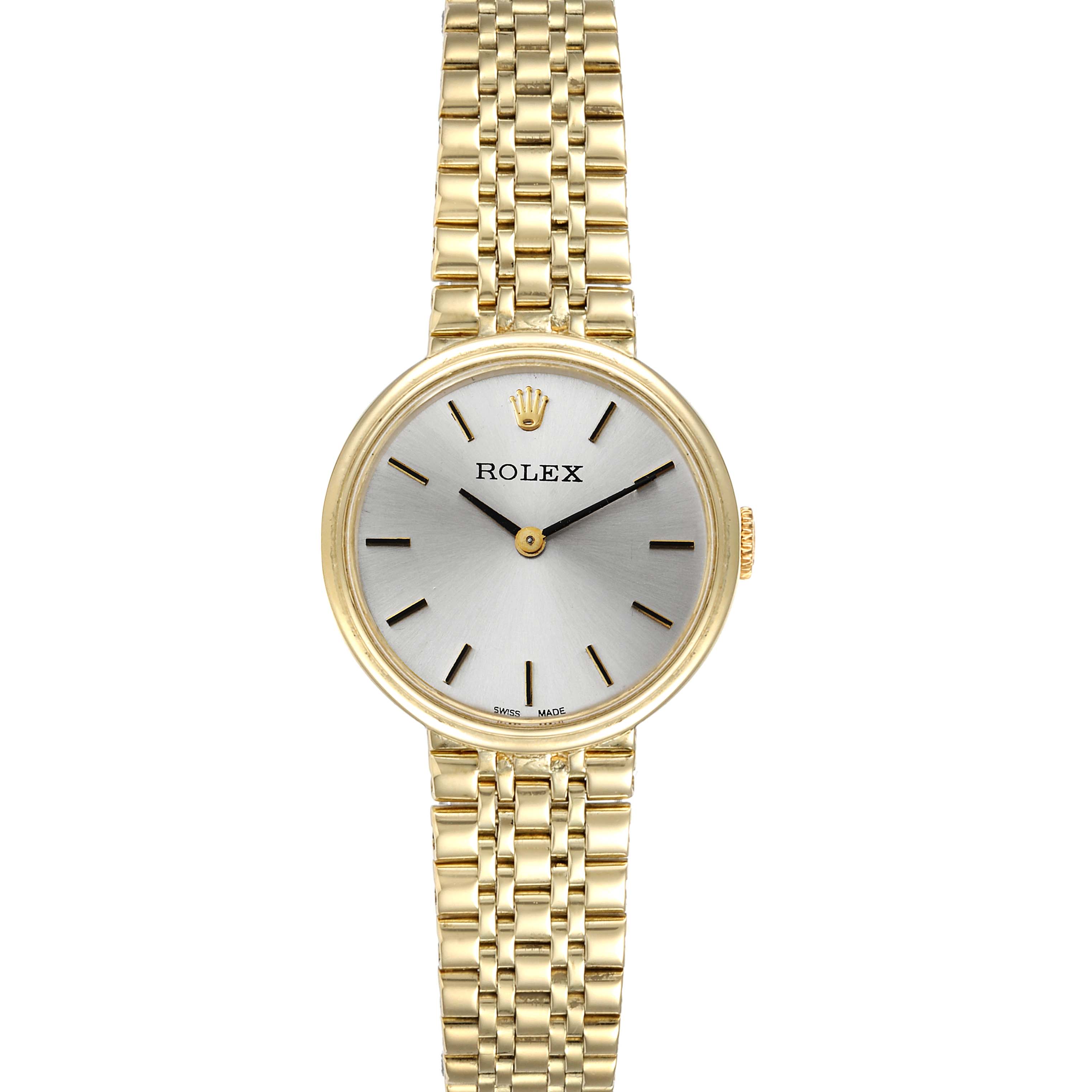 The image shows a front view of the Rolex Cocktail  Women's Yellow Gold Silver Dial  Women's Yellow Gold Silver Dial model watch, highlighting its face, dial, and bracelet.