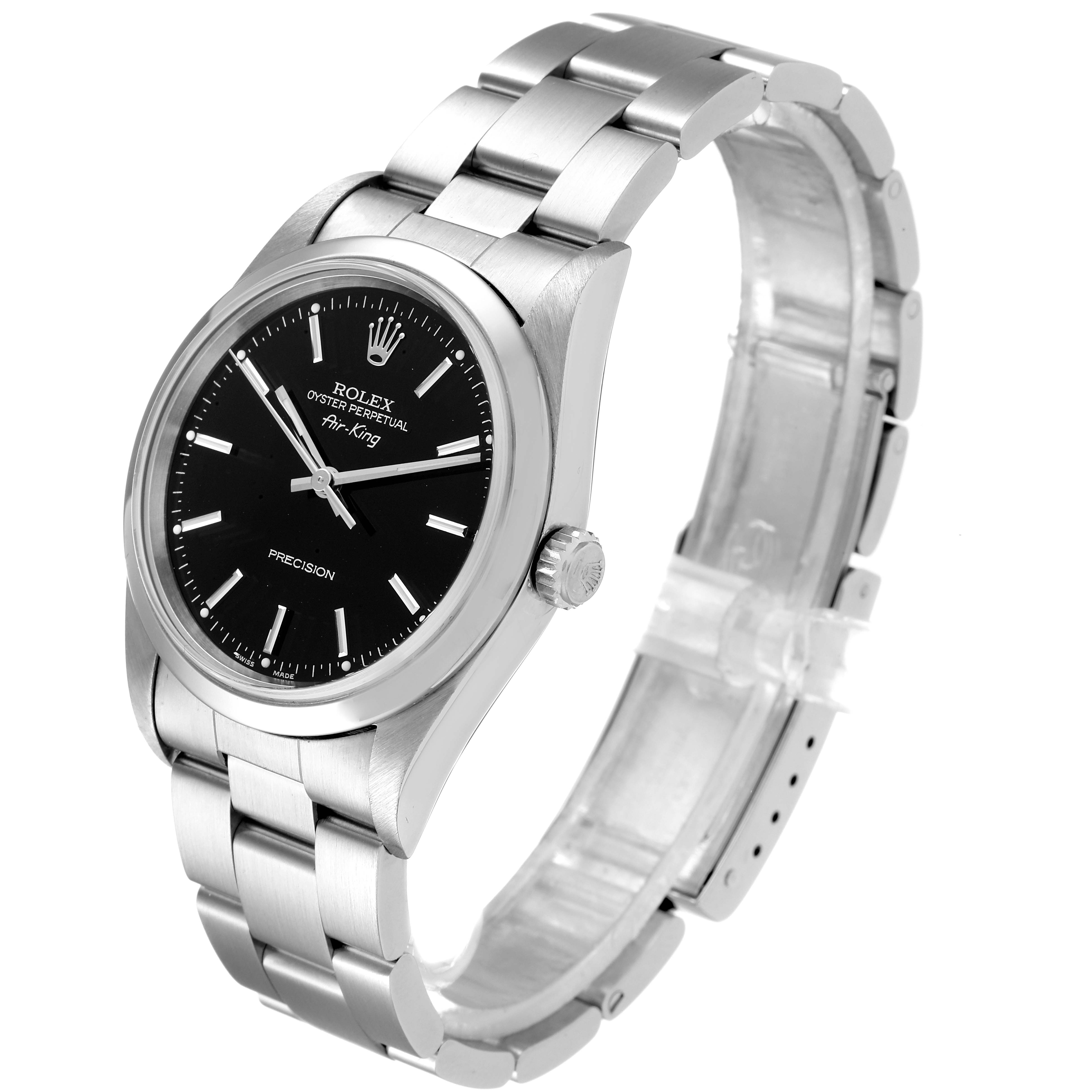 The image shows a Rolex Air-King 14000 Men's Stainless Steel Black Dial 14000 Men's Stainless Steel Black Dial watch at a three-quarter angle, highlighting the black dial, stainless steel band, and crown.