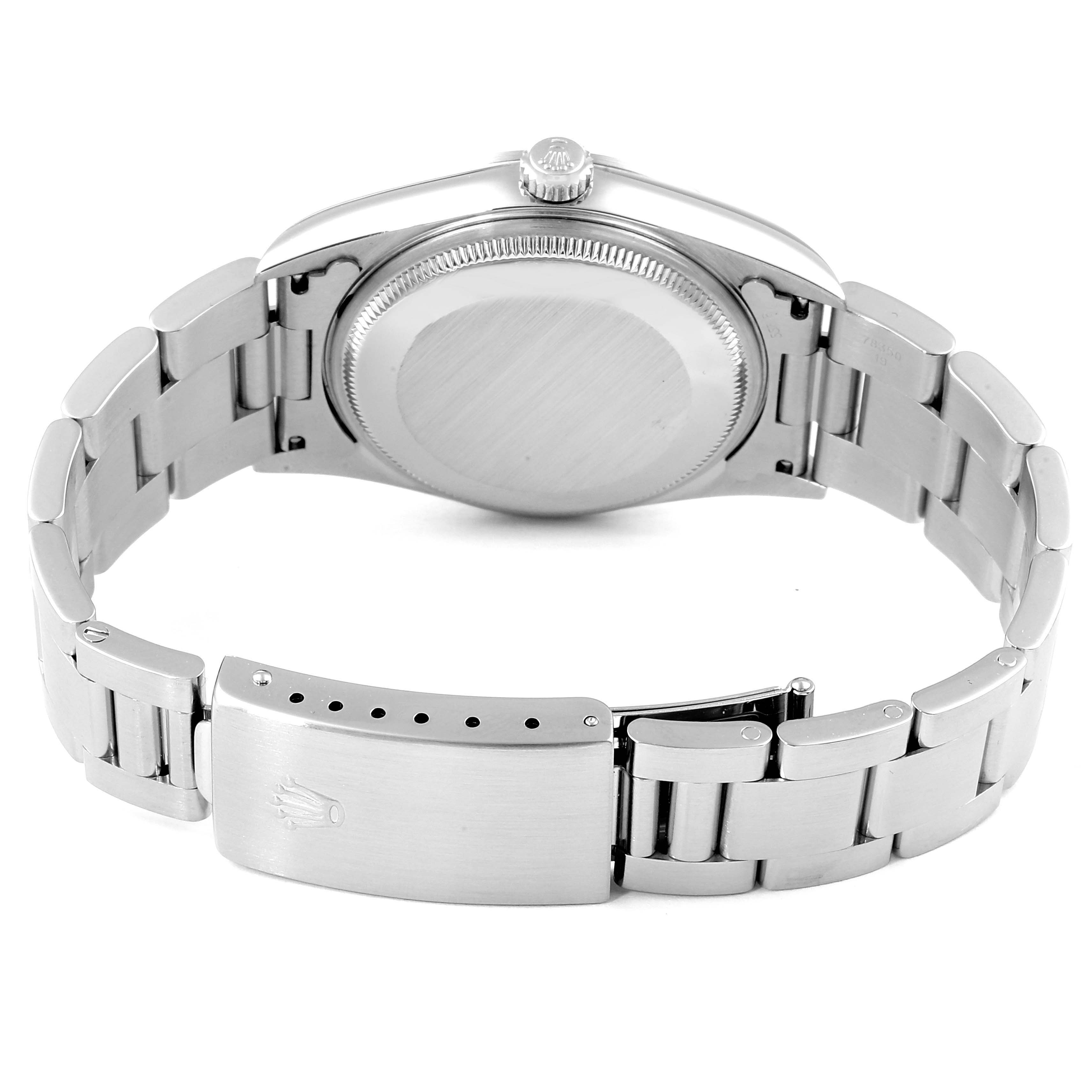 The image shows the back of a Rolex Air-King 14000 Men's Stainless Steel Black Dial 14000 Men's Stainless Steel Black Dial watch, highlighting its case back and bracelet with a closed clasp.