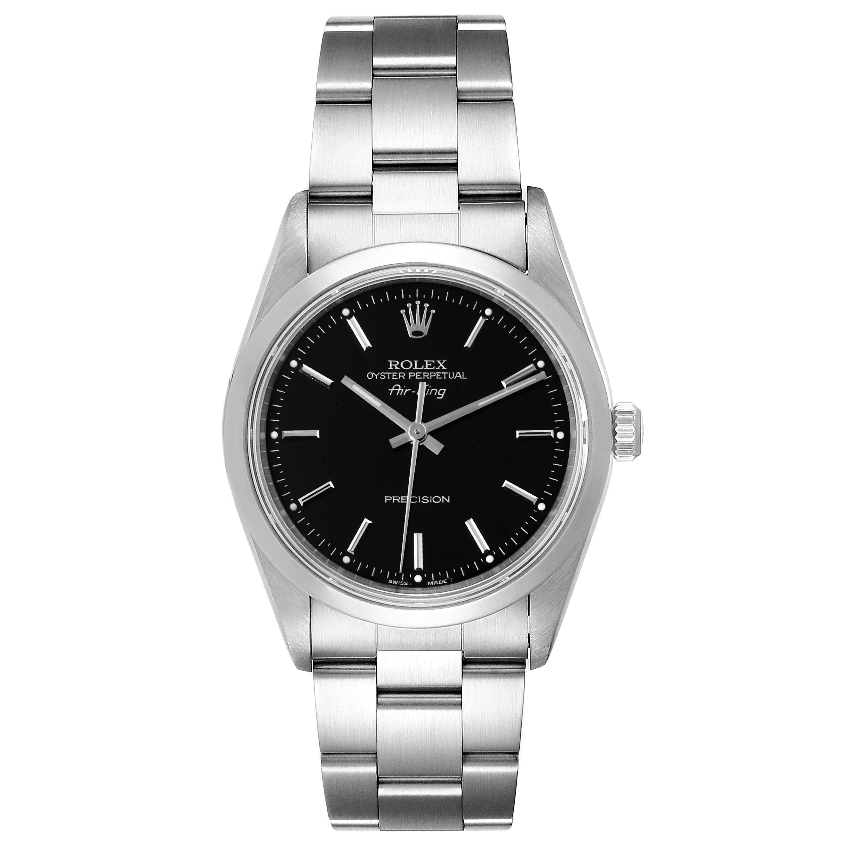 The image shows a front view of a Rolex Air-King 14000 Men's Stainless Steel Black Dial 14000 Men's Stainless Steel Black Dial watch displaying its dial, bezel, case, and bracelet.