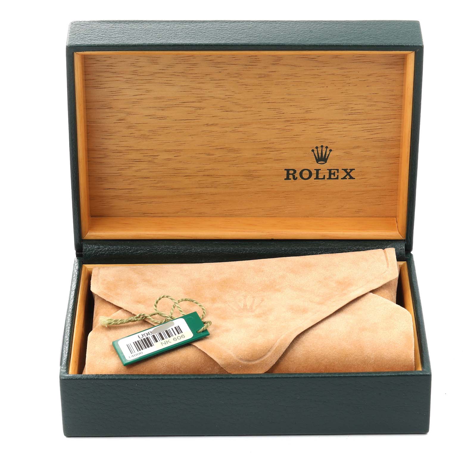 The image shows a Rolex Air-King 14000 Men's Stainless Steel Black Dial 14000 Men's Stainless Steel Black Dial watch in its open wooden box, with the watch wrapped in a beige suede cloth inside.