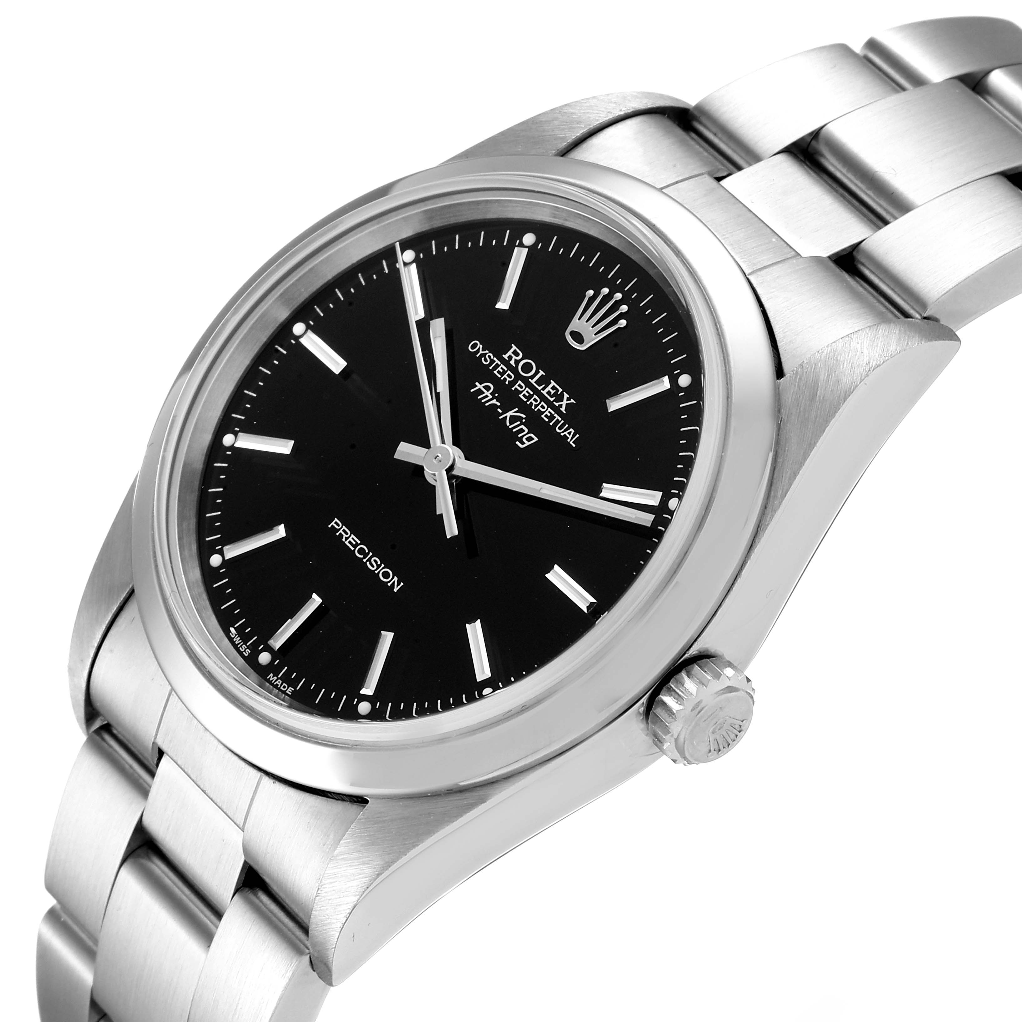 The image shows a Rolex Air-King 14000 Men's Stainless Steel Black Dial 14000 Men's Stainless Steel Black Dial watch angled to display its black dial, crown, and stainless steel bracelet.