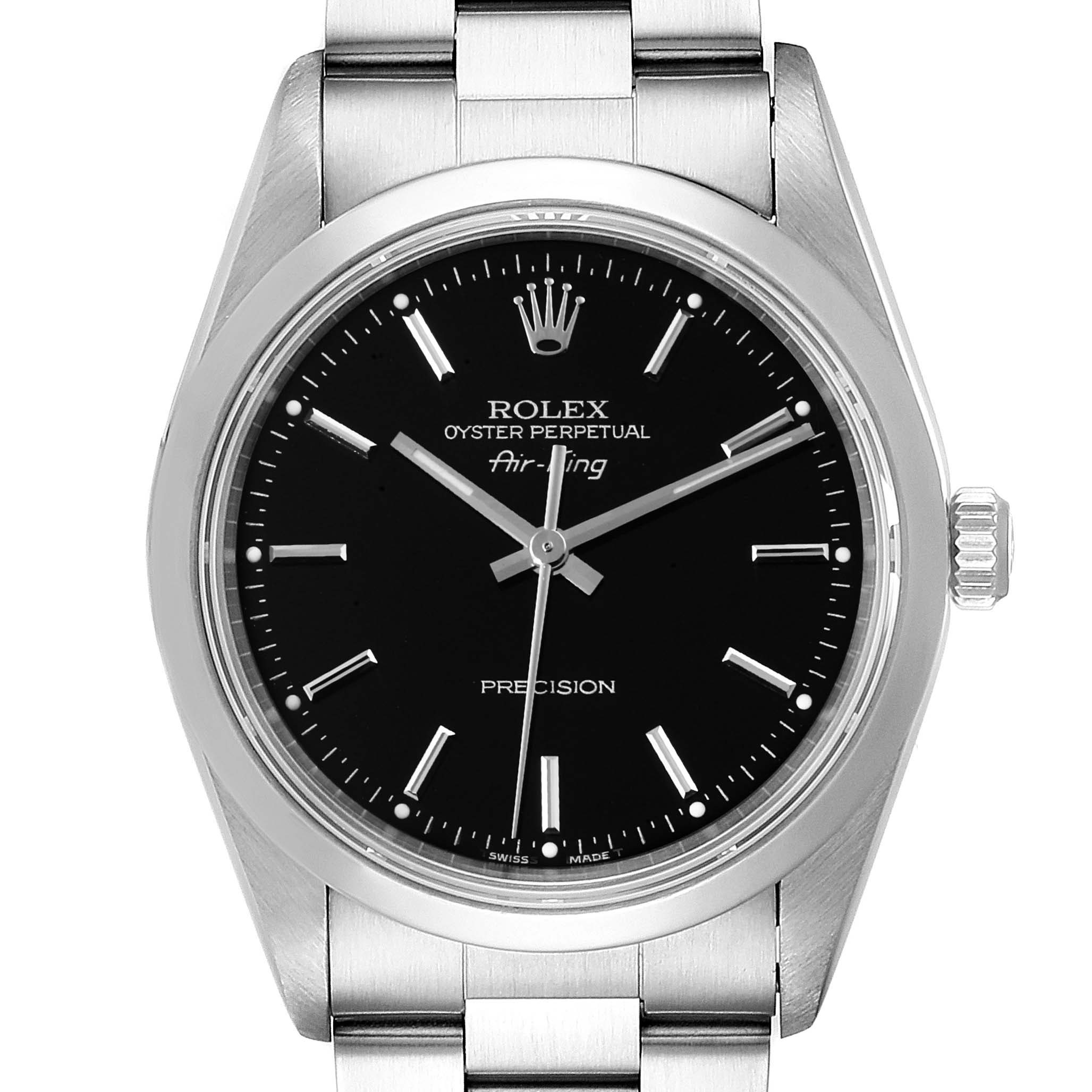 The image shows a top-down view of the Rolex Air-King 14000 Men's Stainless Steel Black Dial 14000 Men's Stainless Steel Black Dial, displaying its dial, bezel, and part of the bracelet.