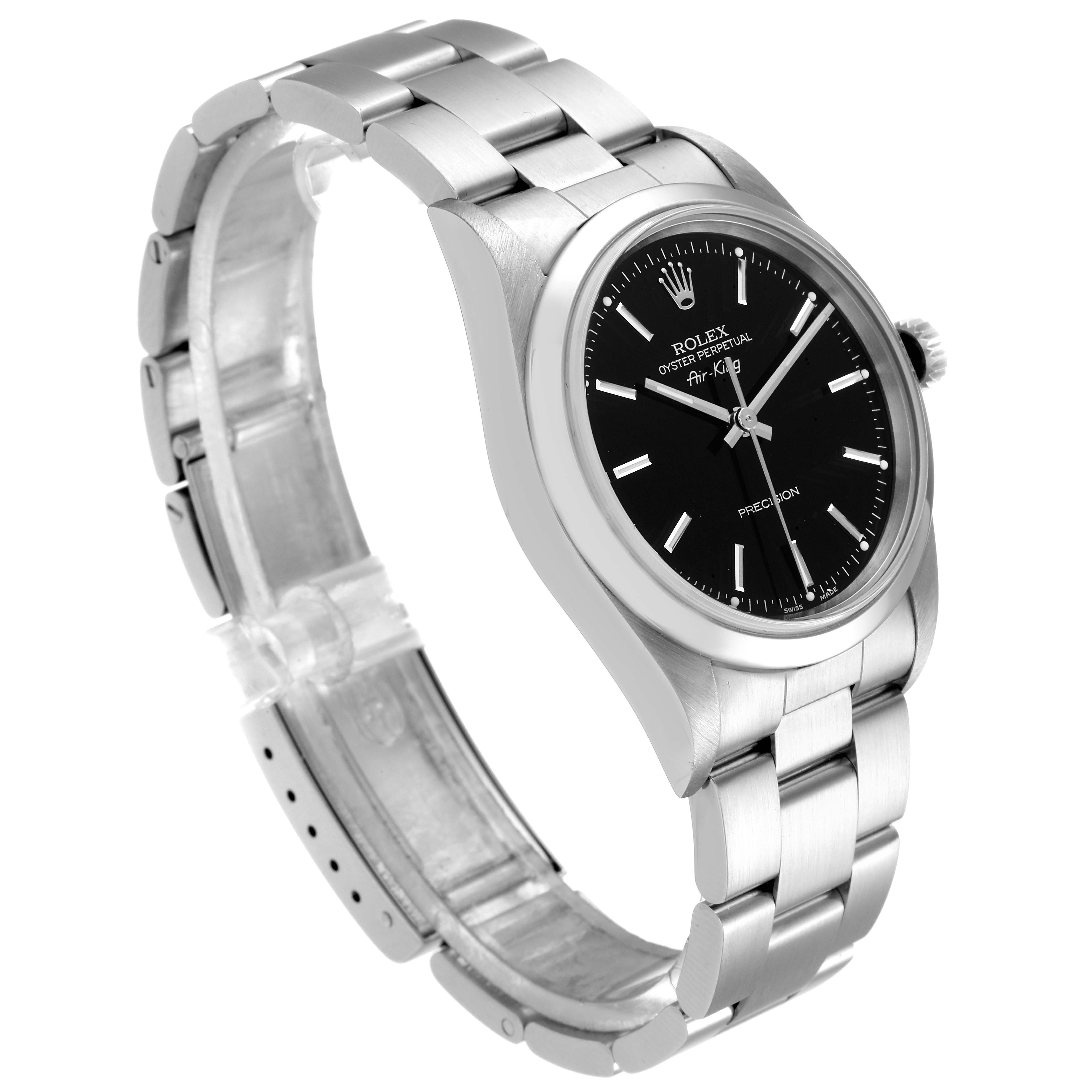 This image shows a side angle of a Rolex Air-King 14000 Men's Stainless Steel Black Dial 14000 Men's Stainless Steel Black Dial watch, highlighting its black dial, stainless steel case, and bracelet.