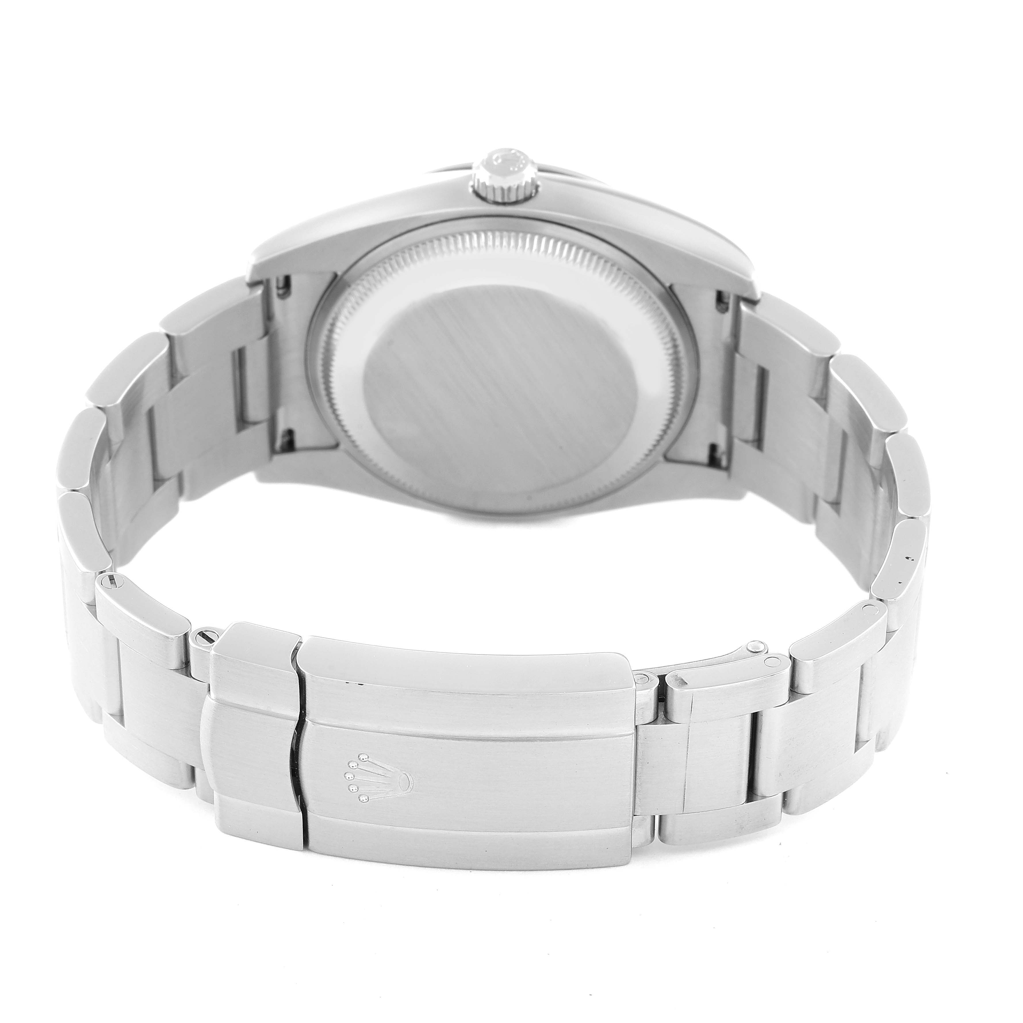 The image shows the back view of a Rolex Air-King 114200 Men's Stainless Steel Pink Dial 114200 Men's Stainless Steel Pink Dial watch, featuring the case back and stainless steel bracelet with clasp.