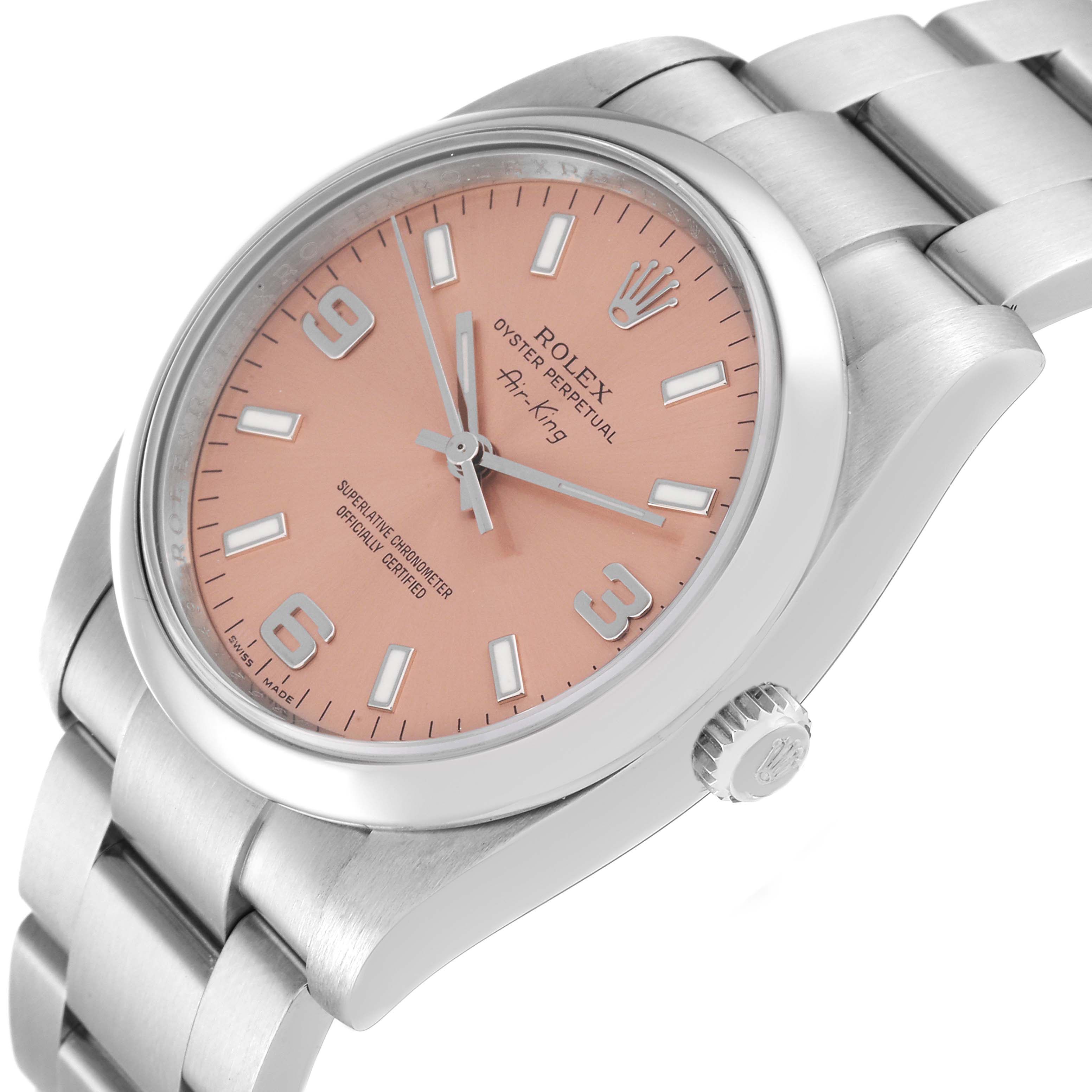 The Rolex Air-King 114200 Men's Stainless Steel Pink Dial 114200 Men's Stainless Steel Pink Dial watch is shown from a three-quarter angle, displaying the peach dial, markers, crown, and part of the bracelet.