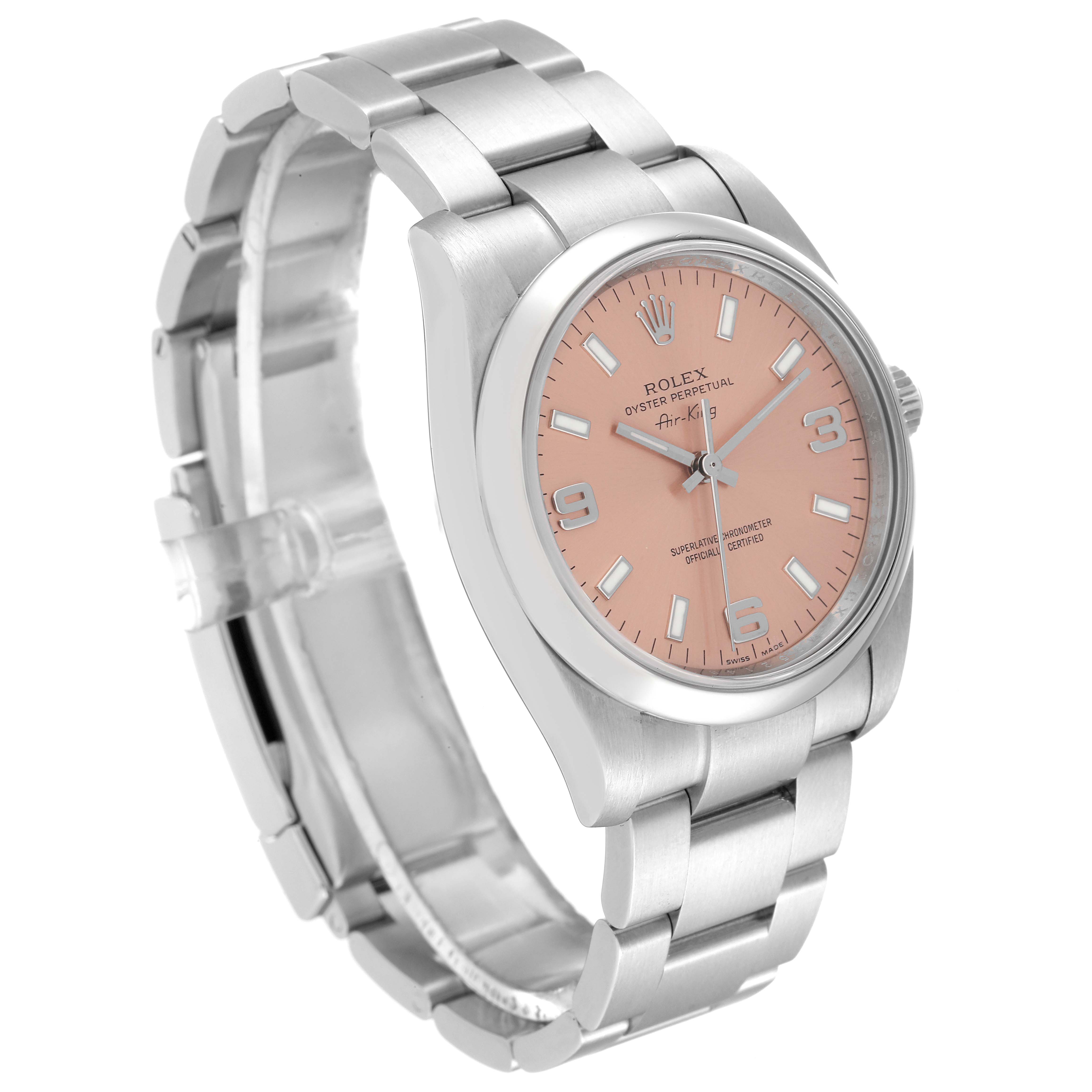 The Rolex Air-King 114200 Men's Stainless Steel Pink Dial 114200 Men's Stainless Steel Pink Dial watch is shown at a slight angle, displaying the dial, case, bezel, bracelet, and crown.