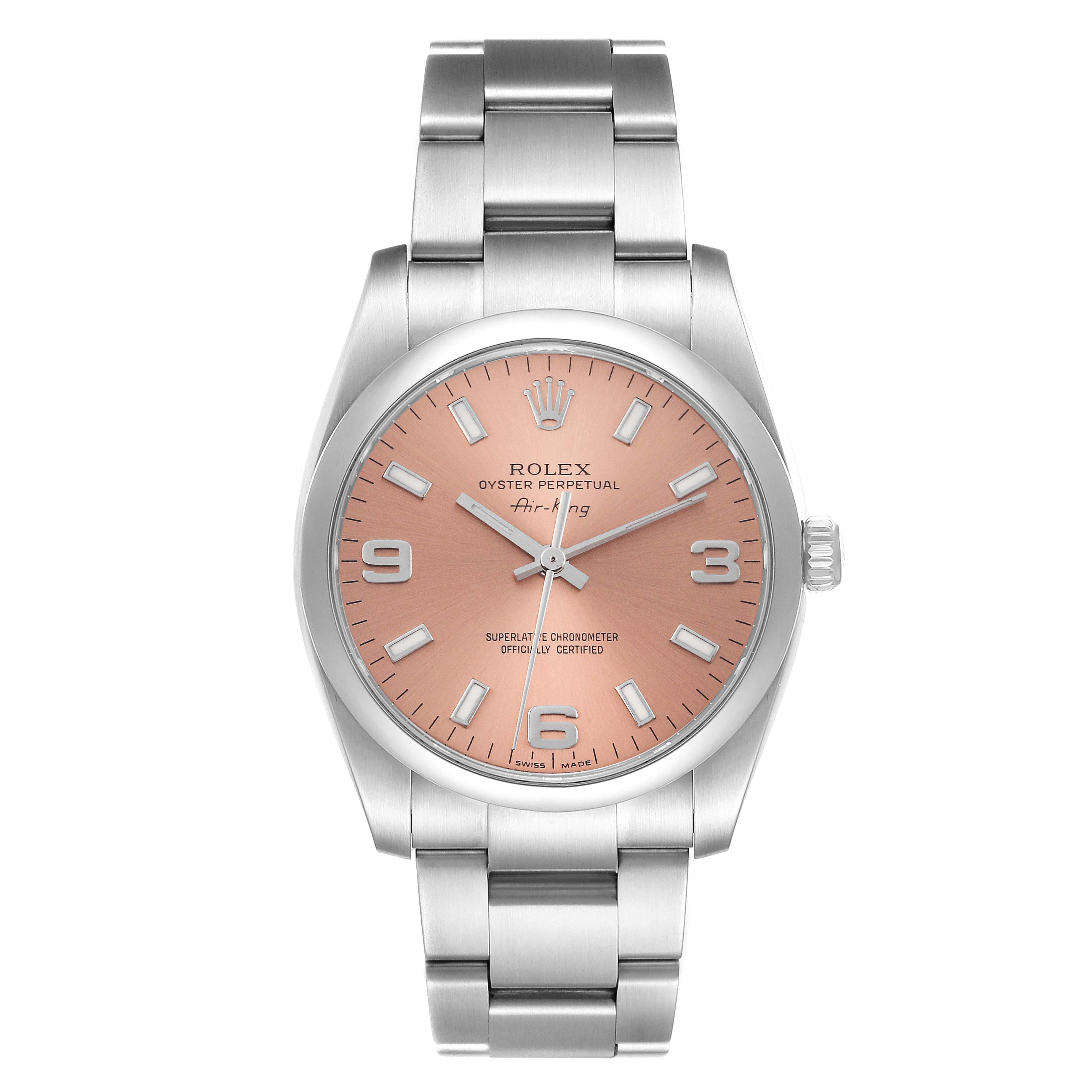 This Rolex Air-King 114200 Men's Stainless Steel Pink Dial 114200 Men's Stainless Steel Pink Dial watch is shown from a front angle, highlighting the dial, case, and bracelet.