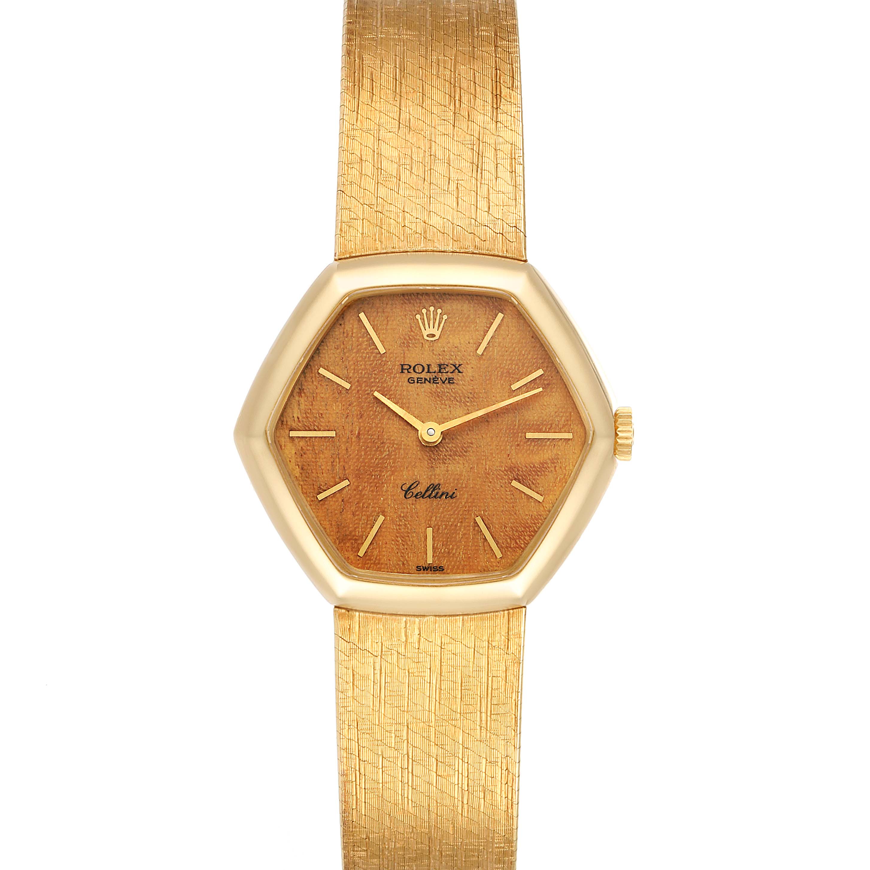 This image shows a frontal view of the Rolex Cellini 4303 Women's Yellow Gold Brown Dial 4303 Women's Yellow Gold Brown Dial watch, highlighting its unique gold dial and textured band.