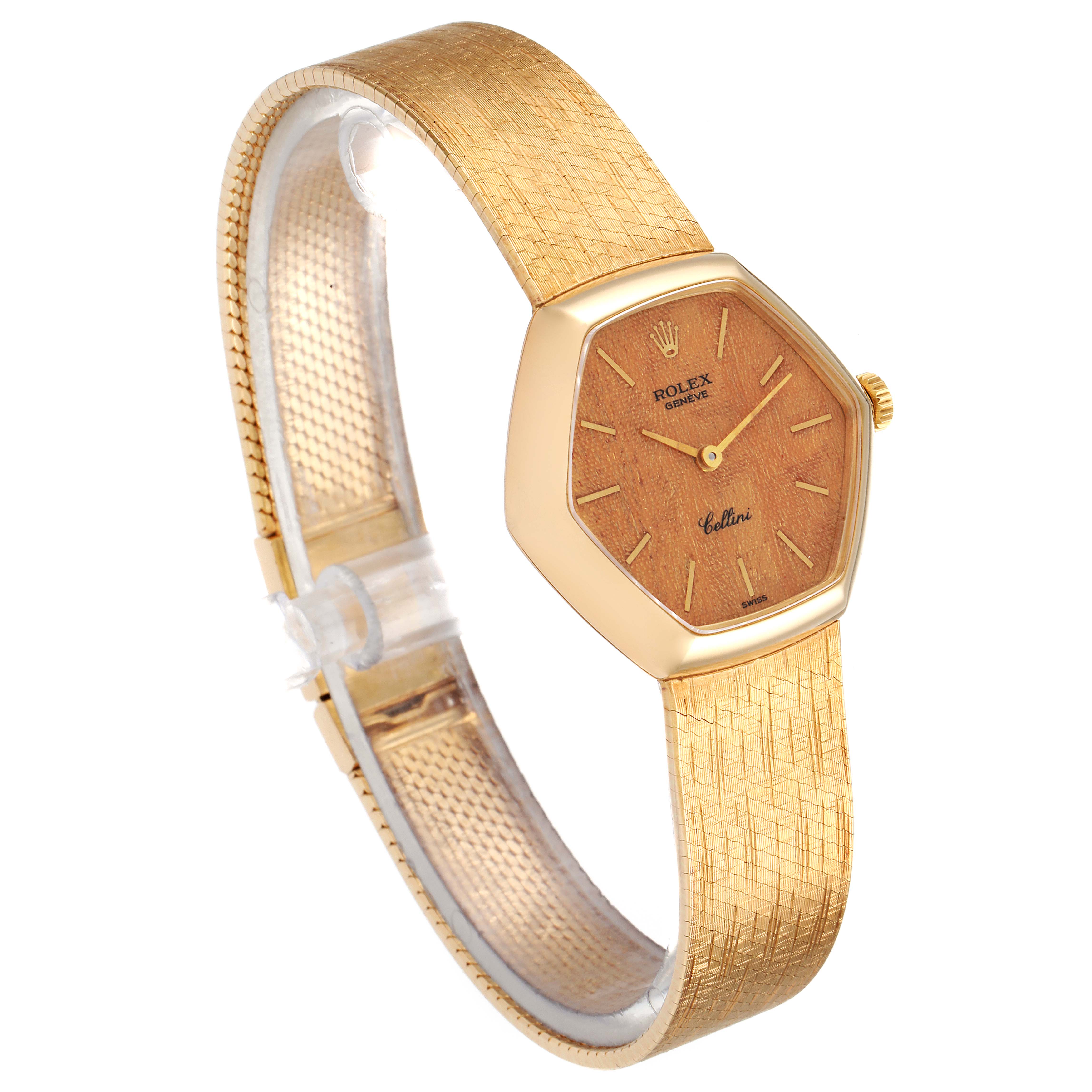 The image shows a side-angle view of a Rolex Cellini 4303 Women's Yellow Gold Brown Dial 4303 Women's Yellow Gold Brown Dial watch displaying its golden dial, case, and textured bracelet.