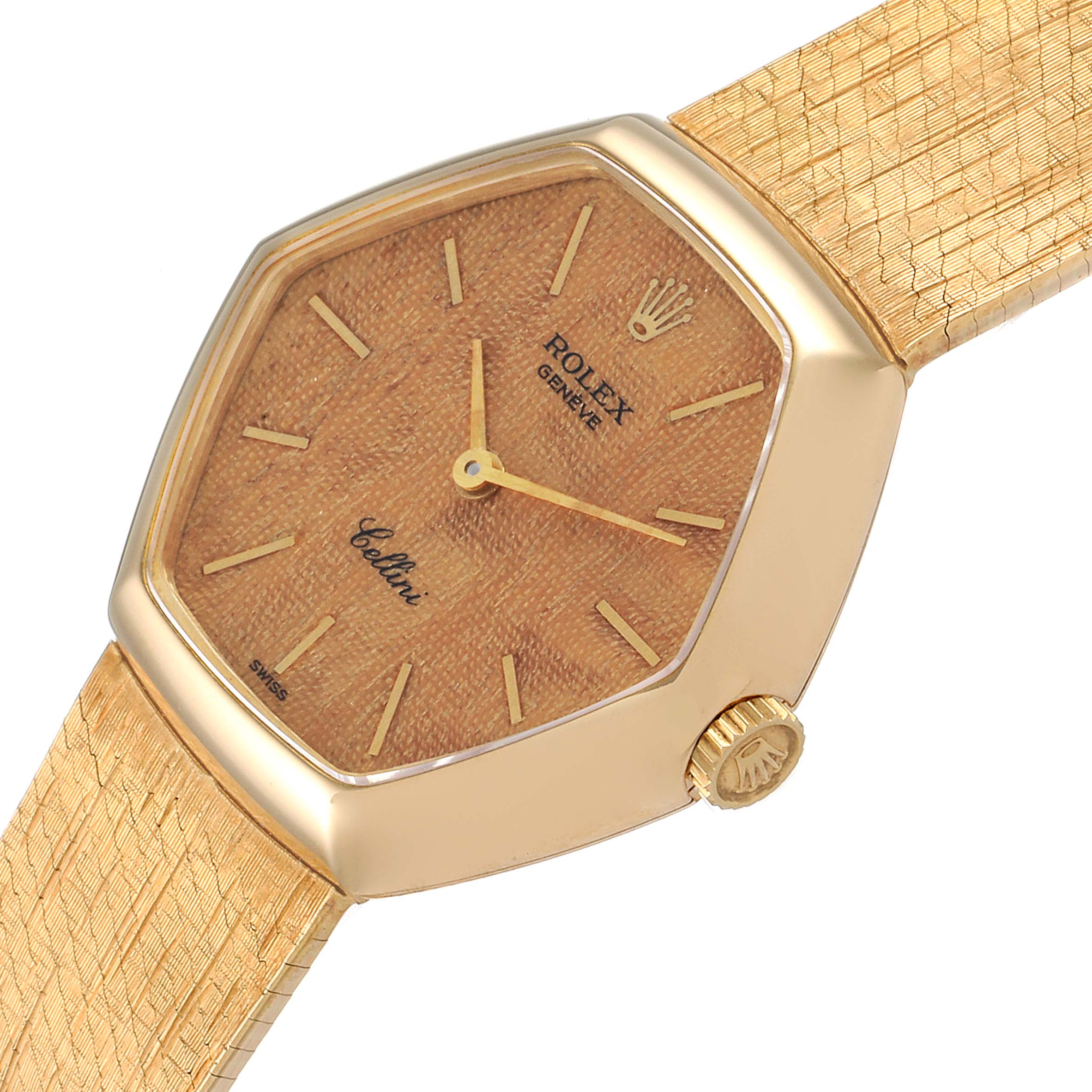 This image shows the face, dial, crown, and strap of a Rolex Cellini 4303 Women's Yellow Gold Brown Dial 4303 Women's Yellow Gold Brown Dial watch from a slightly angled top view.