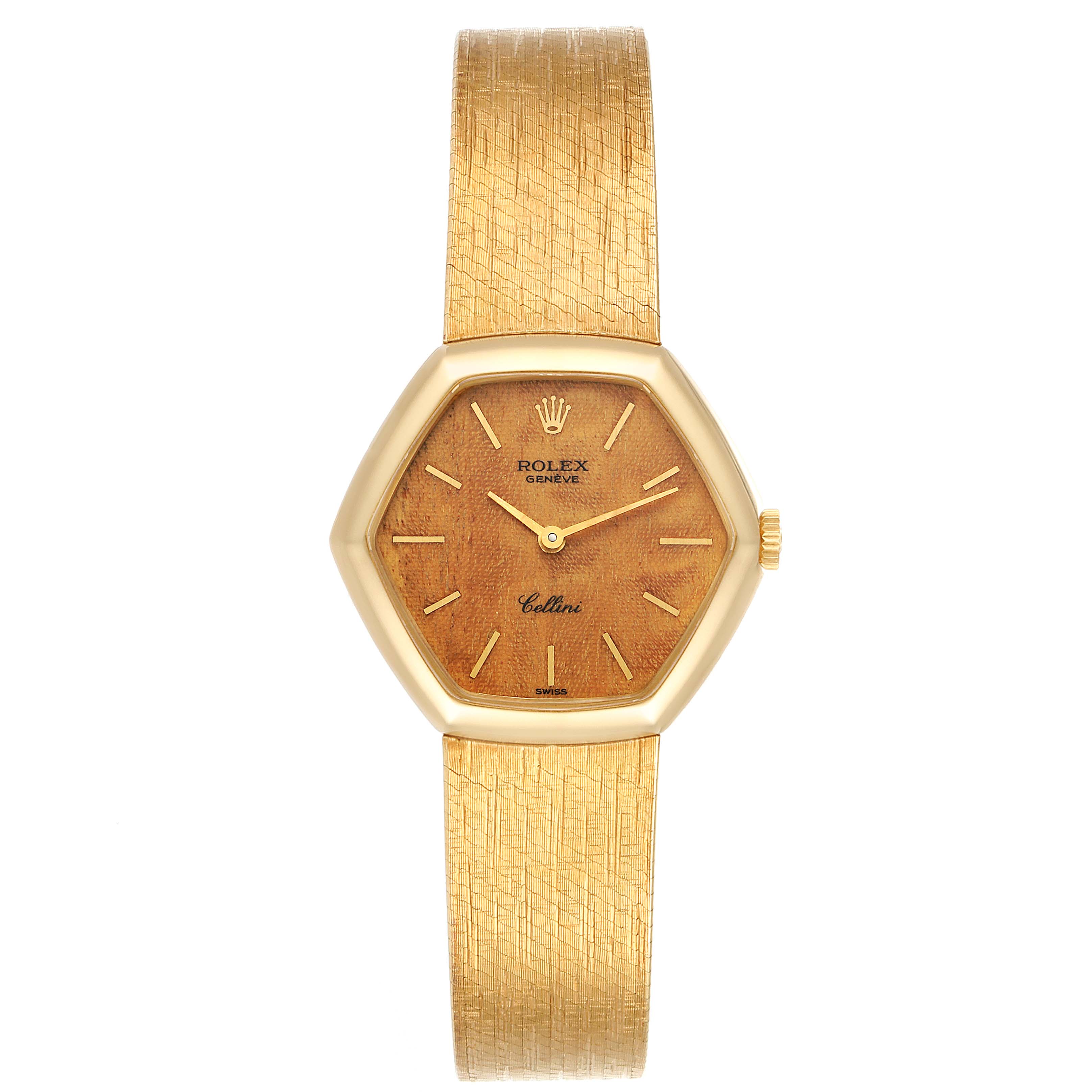 This image shows a frontal view of the Rolex Cellini 4303 Women's Yellow Gold Brown Dial 4303 Women's Yellow Gold Brown Dial watch, displaying the face and the textured bracelet.