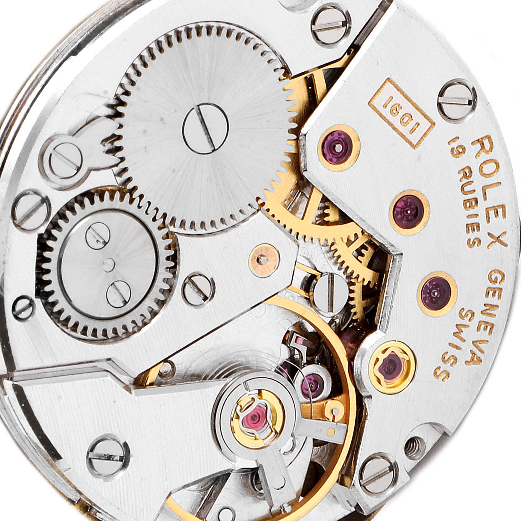 The image shows the inner mechanical movement of the Rolex Cellini 4303 Women's Yellow Gold Brown Dial 4303 Women's Yellow Gold Brown Dial watch, highlighting gears and jewels.