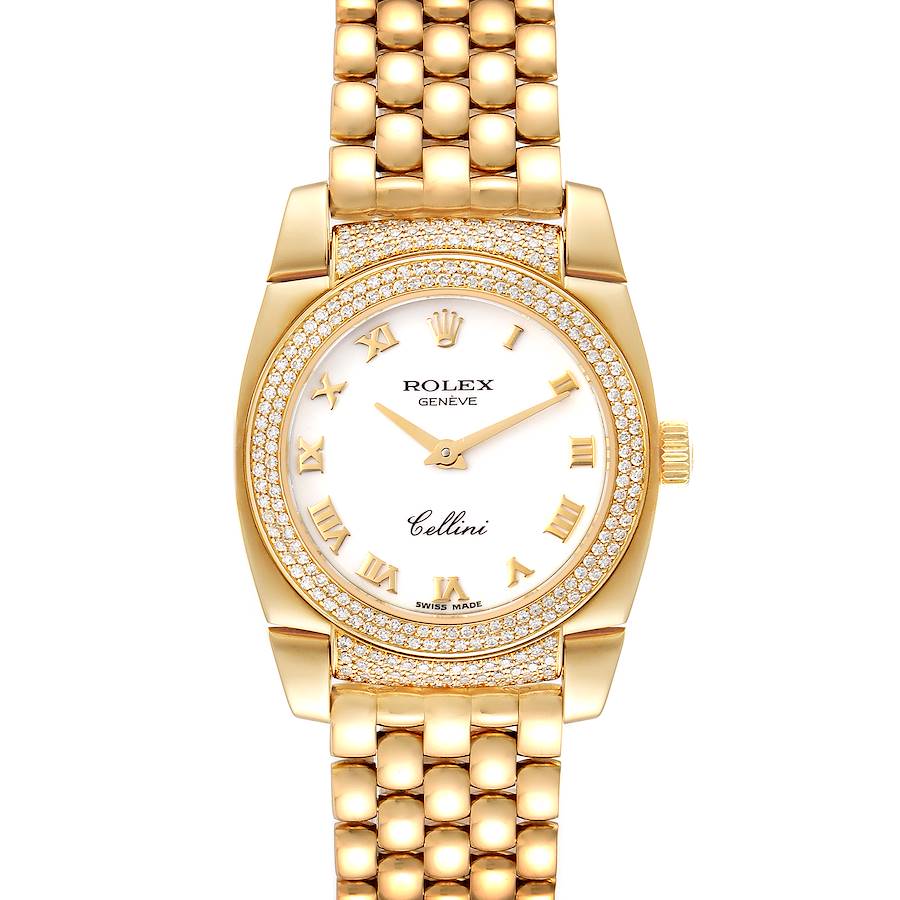 The image shows a front view of a Rolex Cellini watch, displaying the dial, bezel with diamonds, and a gold bracelet.