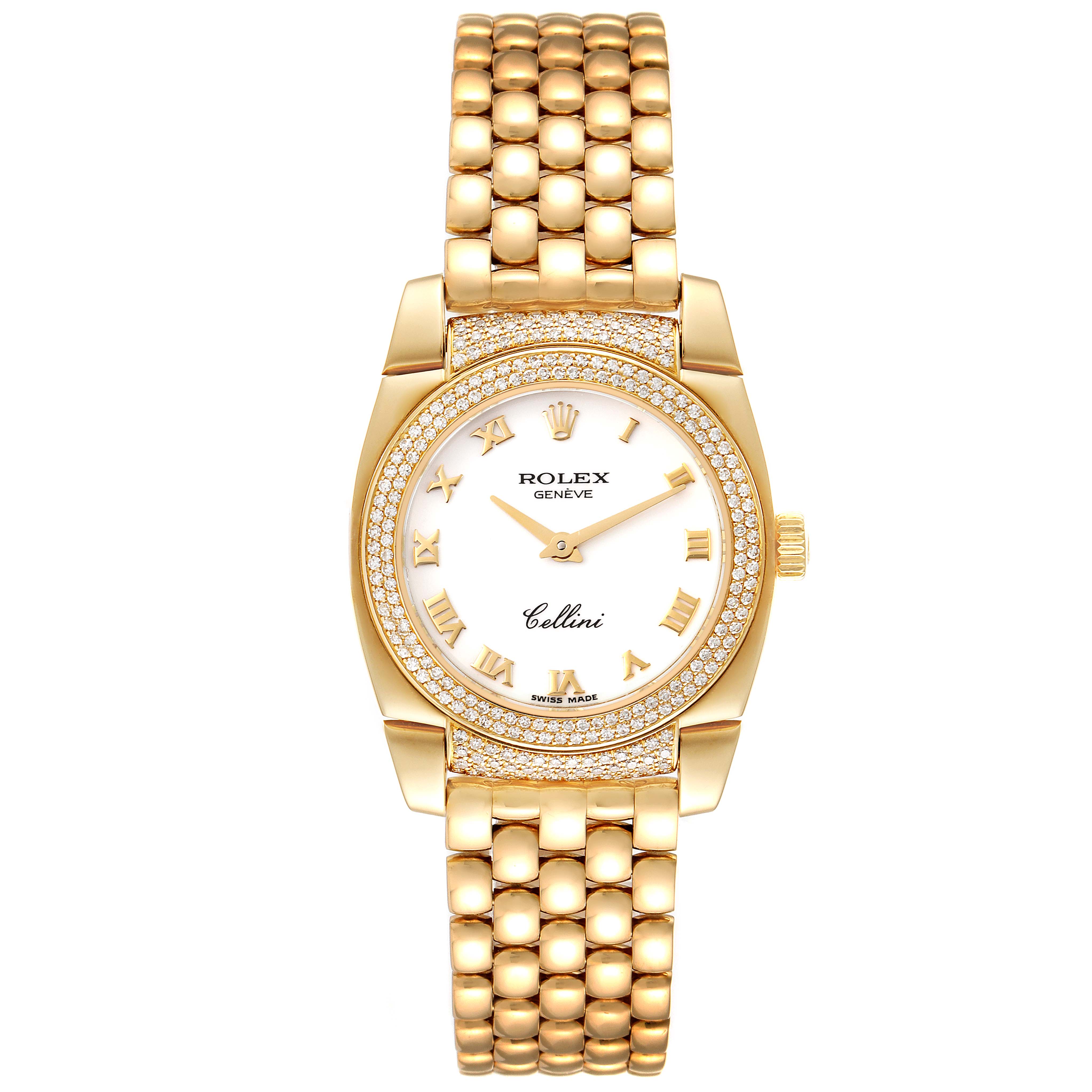 The Rolex Cellini 6311 Women's Yellow Gold White Dial 6311 Women's Yellow Gold White Dial watch is shown from the front, featuring a gold bracelet, diamond bezel, and Roman numeral dial.