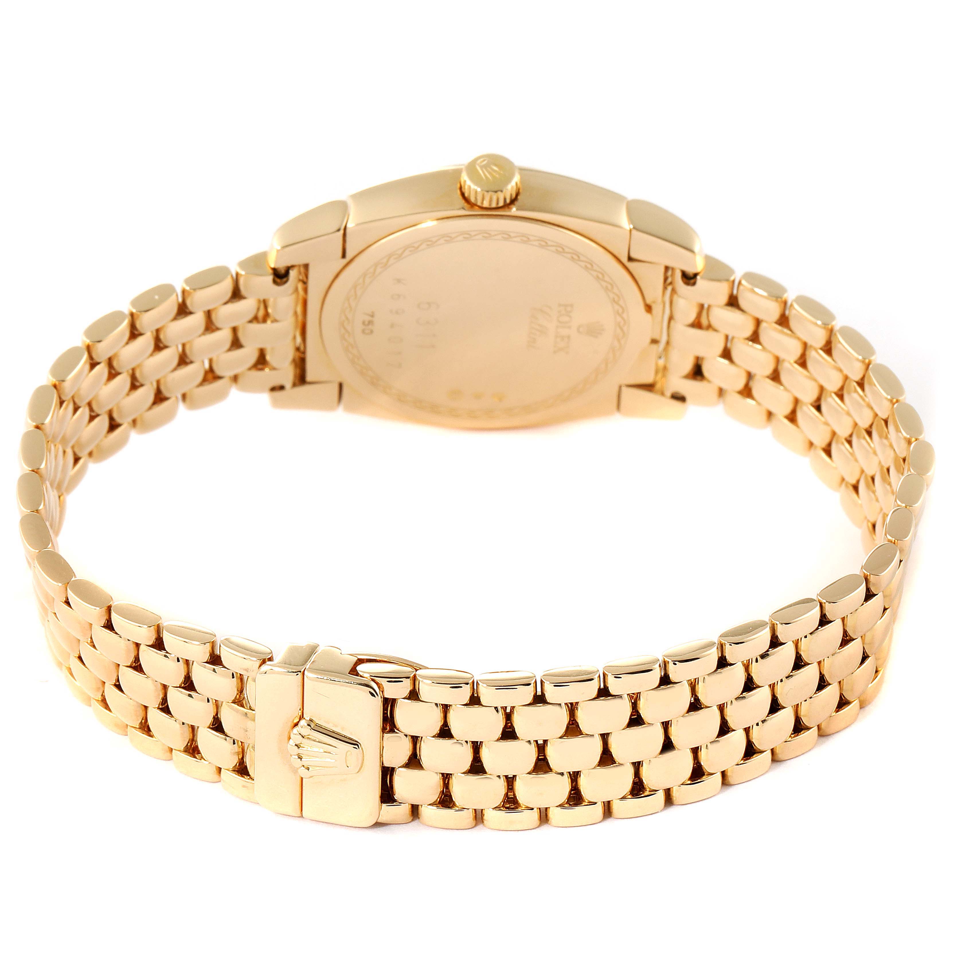 The Rolex Cellini 6311 Women's Yellow Gold White Dial 6311 Women's Yellow Gold White Dial watch is shown from the back, highlighting the case back, crown, and bracelet clasp.