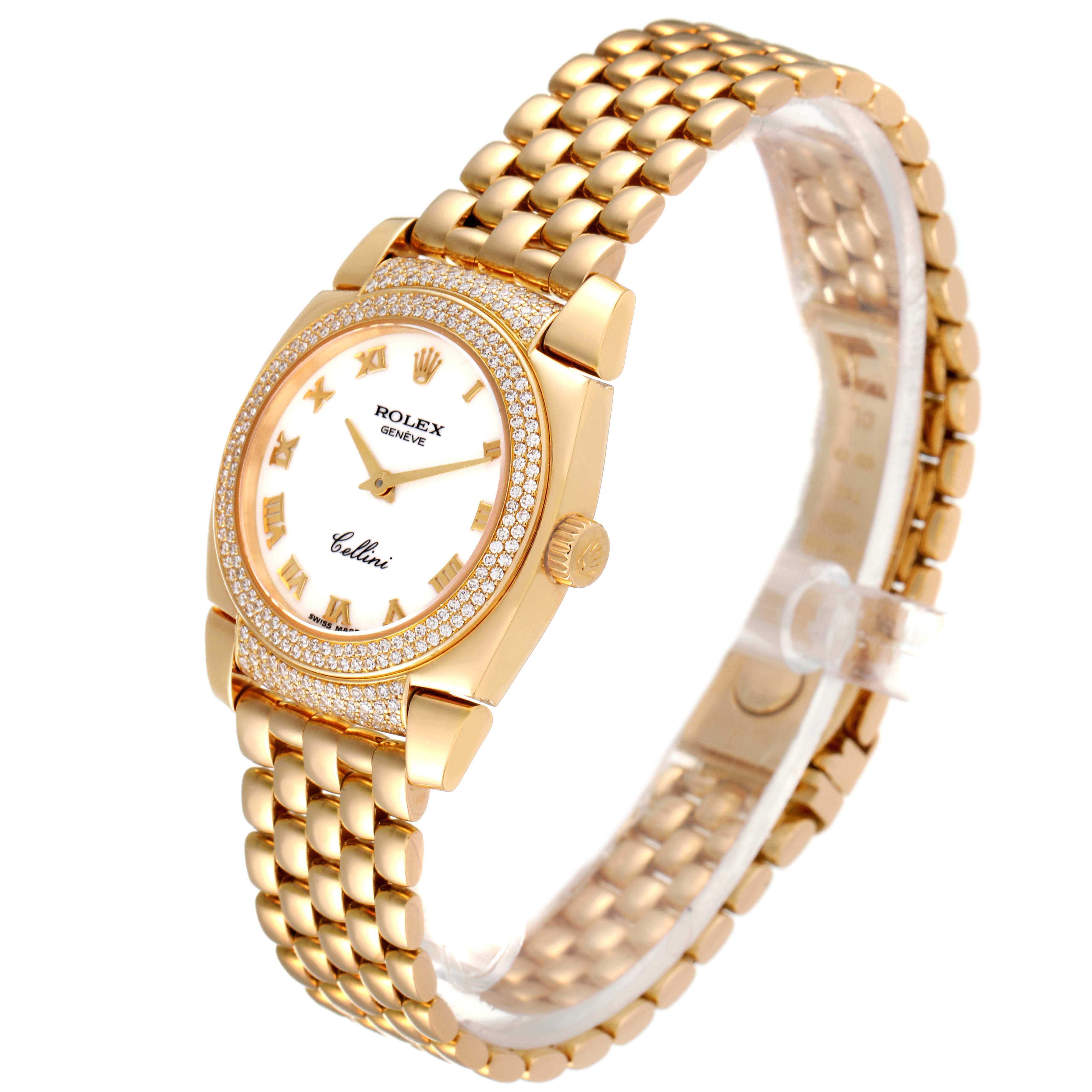 The Rolex Cellini 6311 Women's Yellow Gold White Dial 6311 Women's Yellow Gold White Dial watch is shown at a slight angle, highlighting its face, bezel, and bracelet.