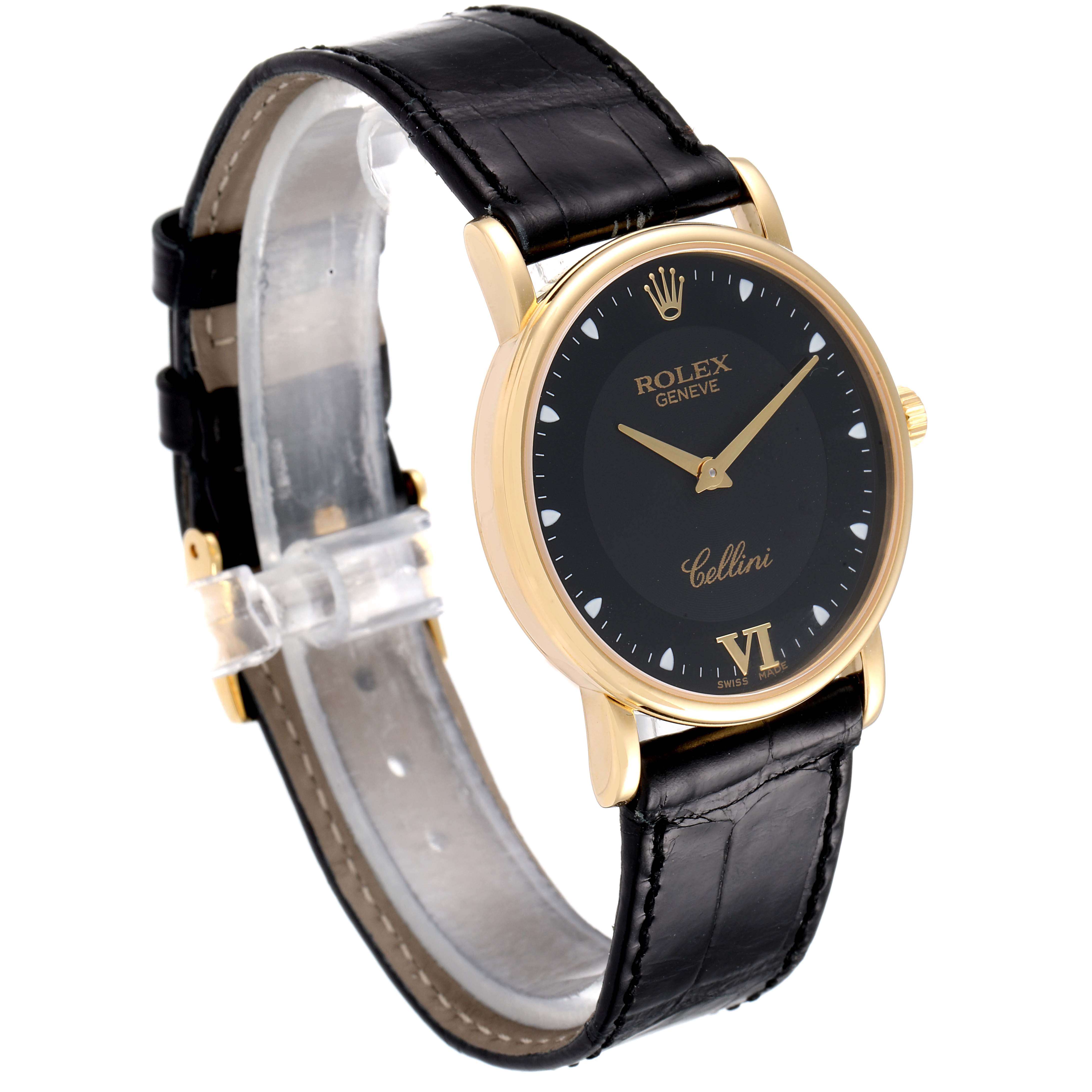 This image shows a Rolex Cellini 5115 Men's Yellow Gold Black Dial 5115 Men's Yellow Gold Black Dial watch at a slight angle, highlighting its black dial, gold case, and black leather strap.
