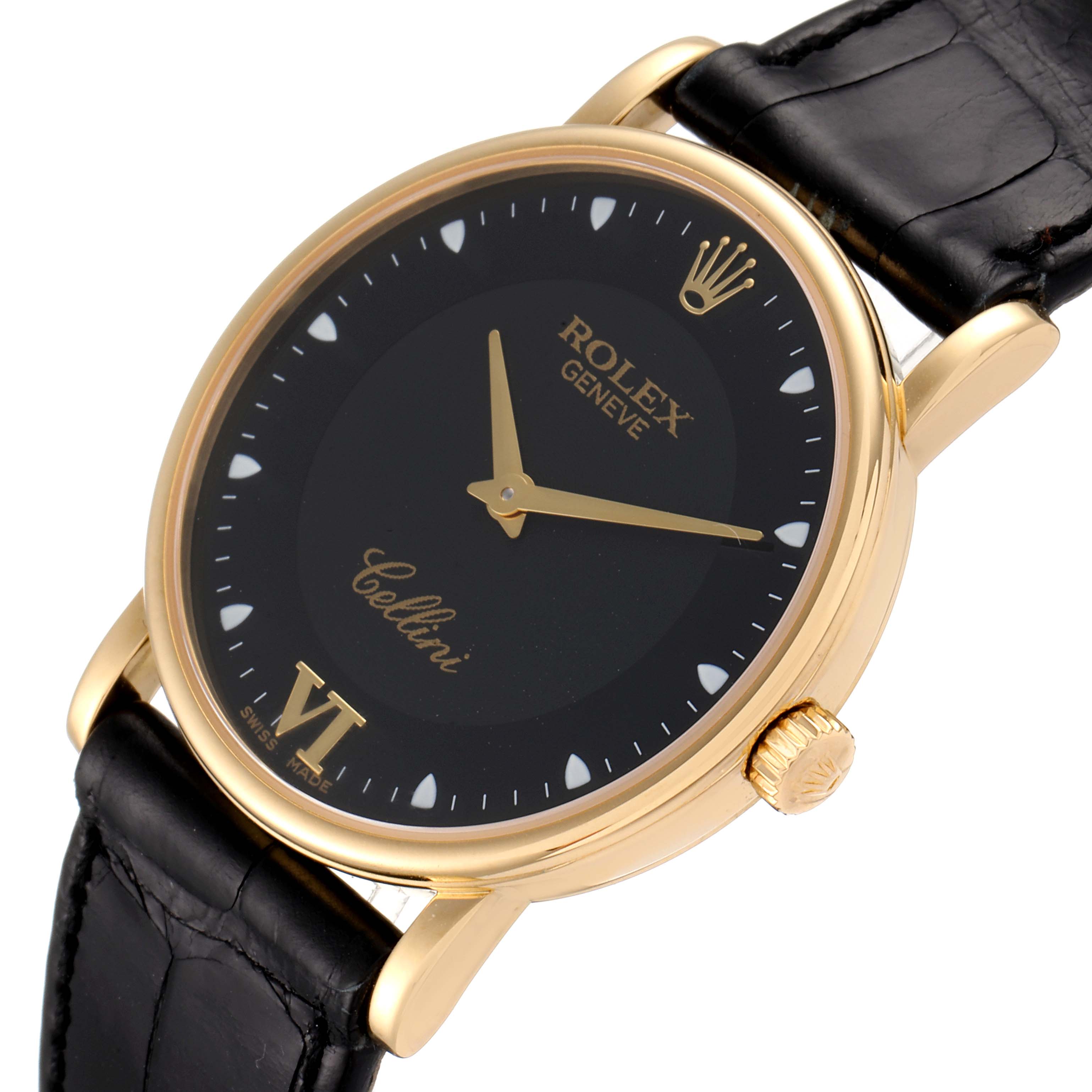 This image shows a Rolex Cellini 5115 Men's Yellow Gold Black Dial 5115 Men's Yellow Gold Black Dial watch at a slight angle, highlighting its black dial, gold case, crown, and black leather strap.