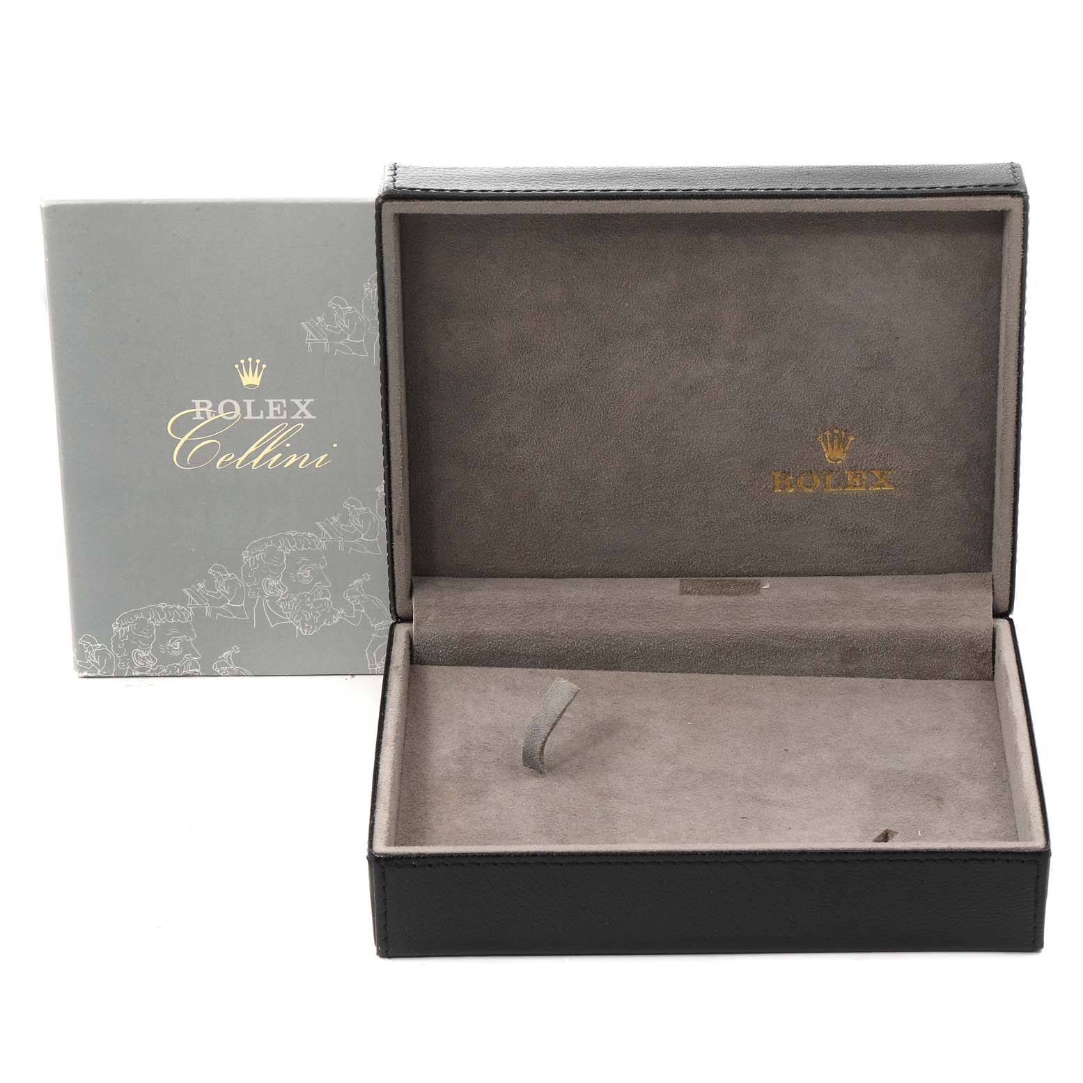 The image shows an open Rolex Cellini 5115 Men's Yellow Gold Black Dial 5115 Men's Yellow Gold Black Dial watch box with the box cover also displayed.