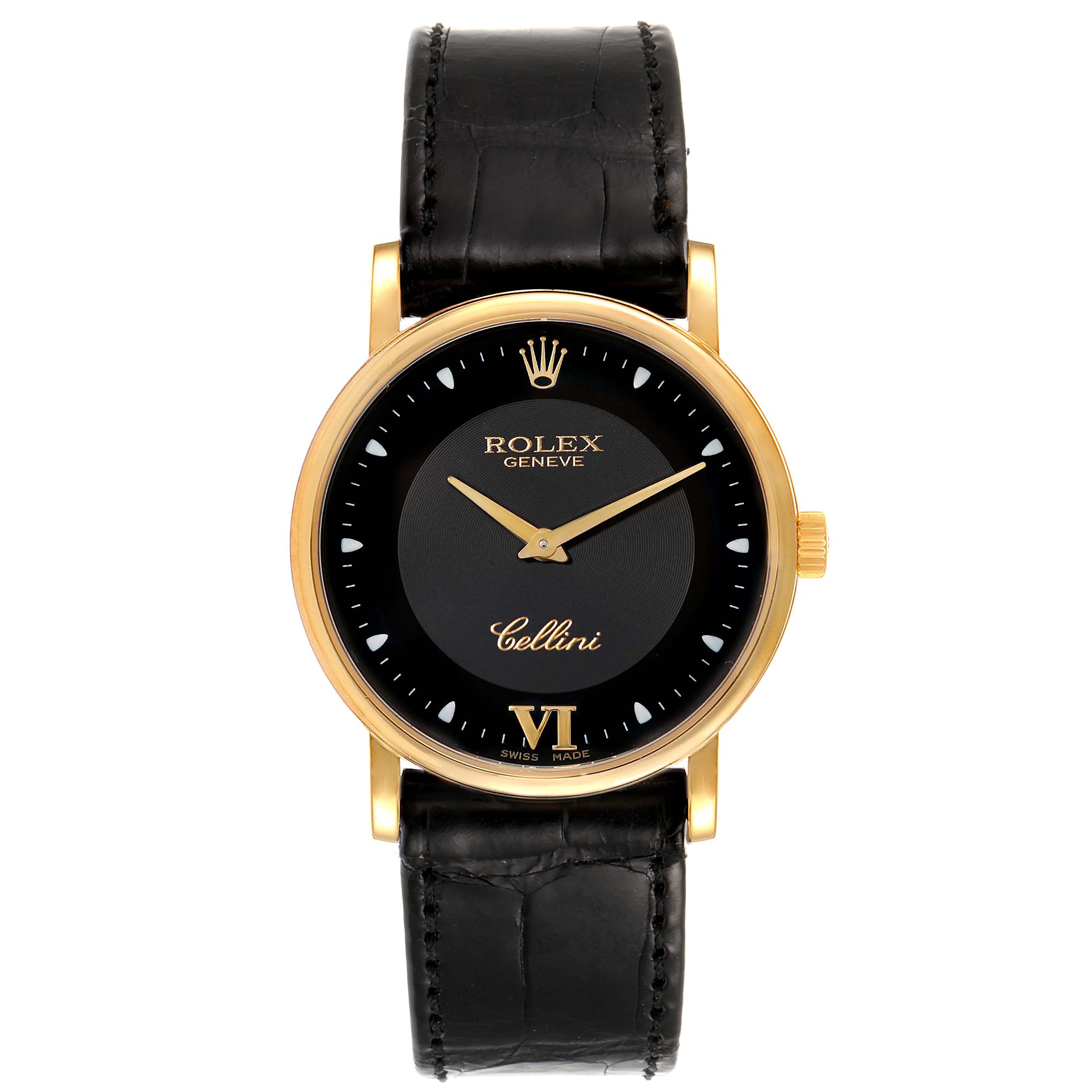 The image shows the front view of a Rolex Cellini 5115 Men's Yellow Gold Black Dial 5115 Men's Yellow Gold Black Dial watch featuring a black leather strap and a gold case.