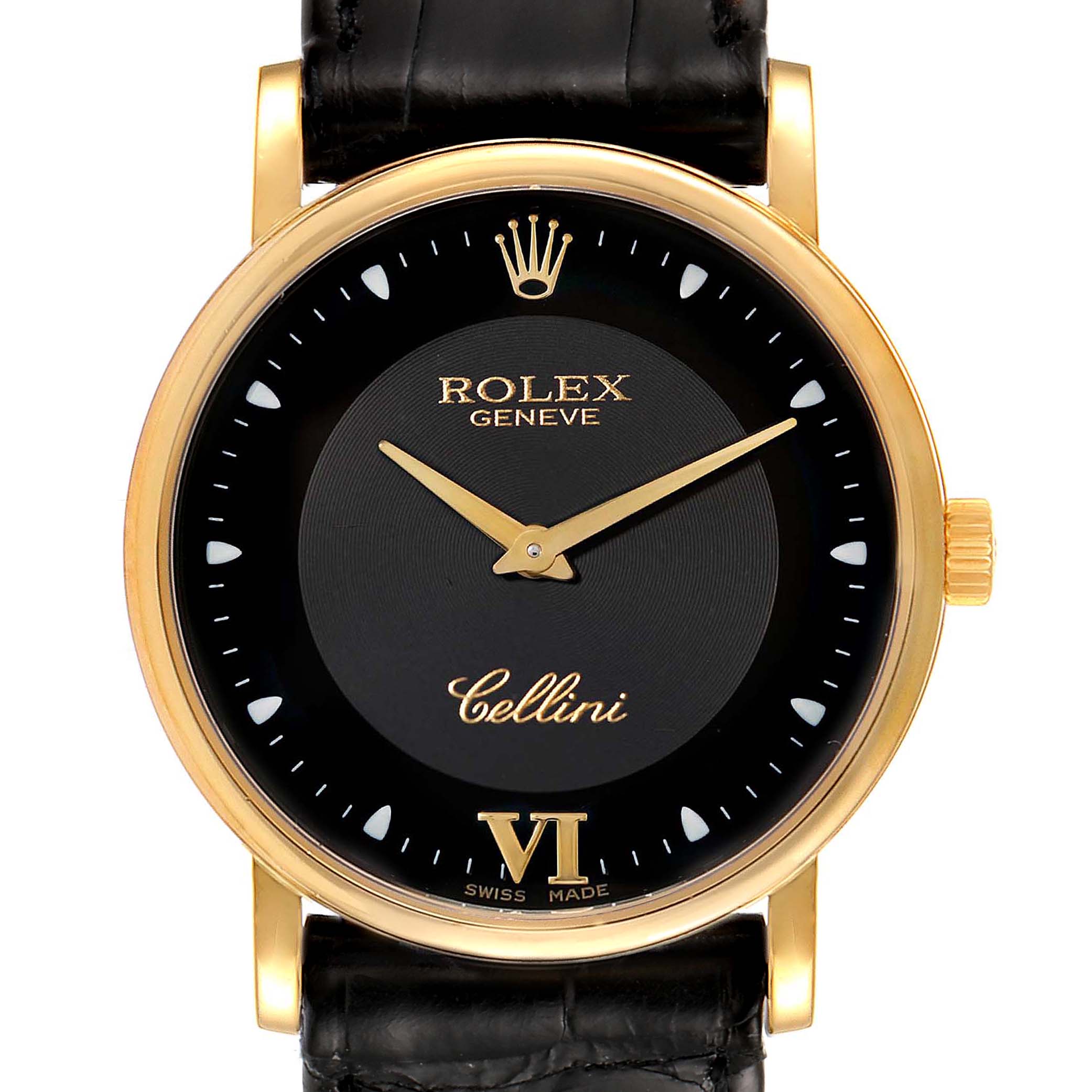 The image shows a front view of a Rolex Cellini 5115 Men's Yellow Gold Black Dial 5115 Men's Yellow Gold Black Dial model, highlighting its gold case, black dial, and leather strap.