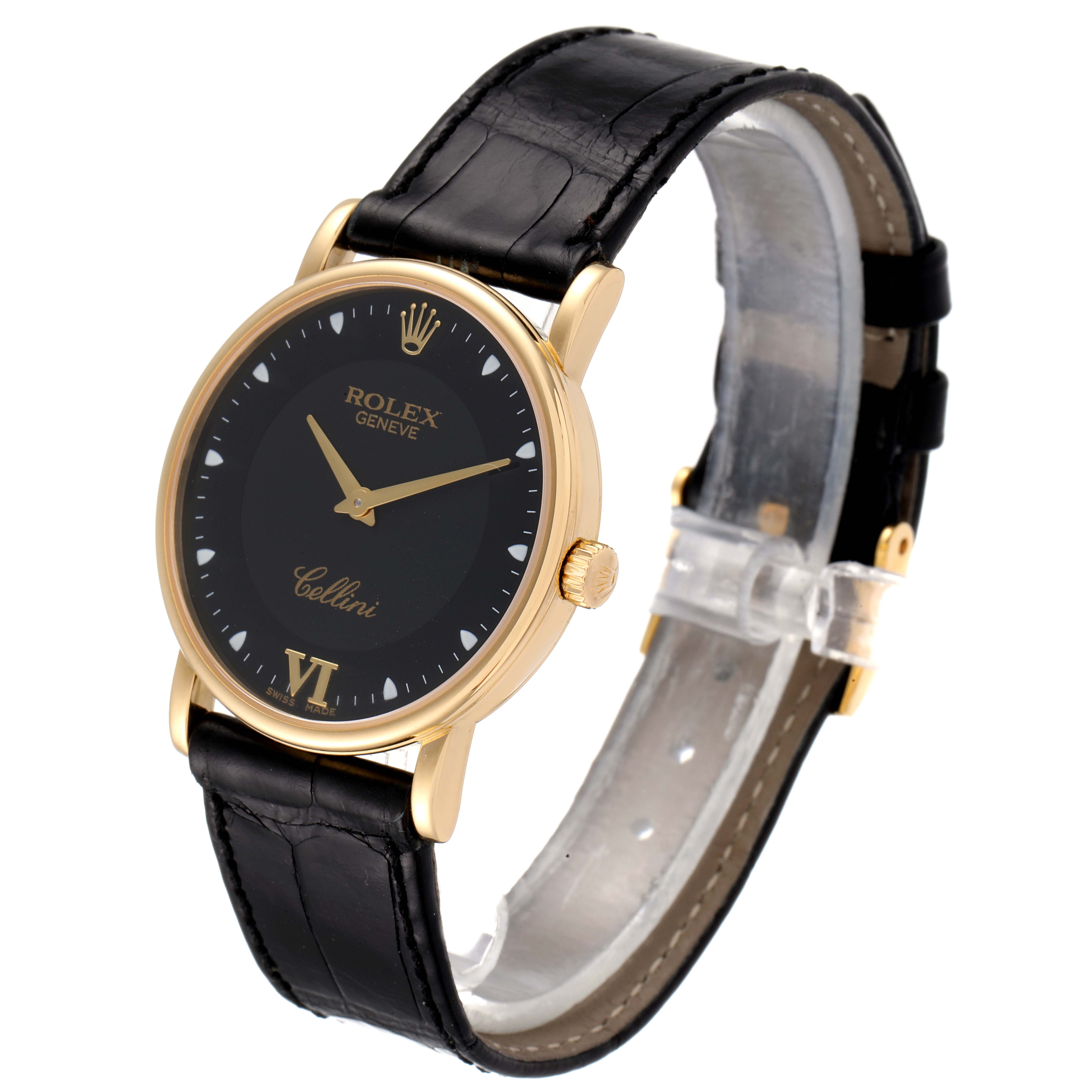 The Rolex Cellini 5115 Men's Yellow Gold Black Dial 5115 Men's Yellow Gold Black Dial watch is shown at a front angle, displaying the dial, case, crown, and leather strap.
