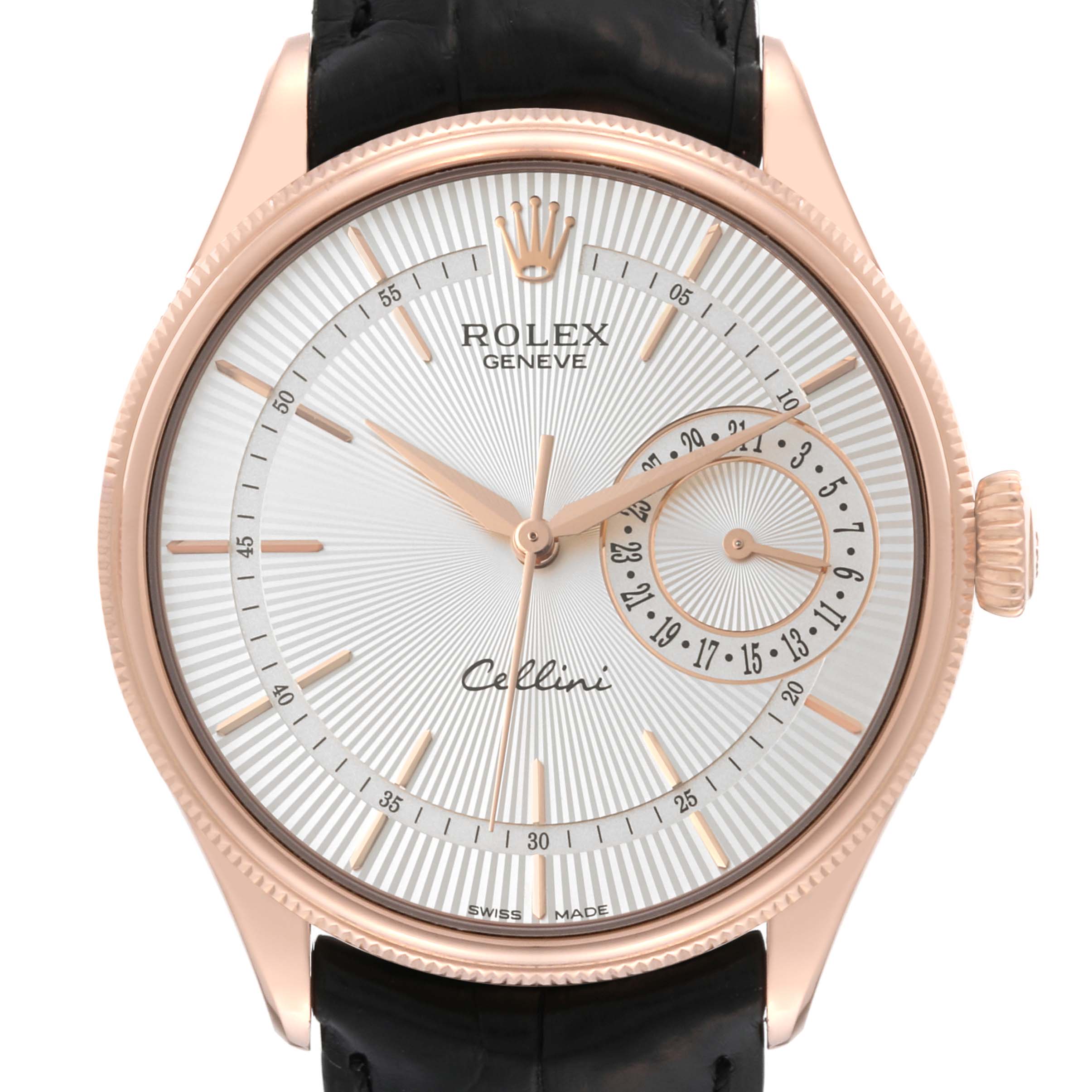 This Rolex Cellini 50515 Men's Rose Gold Silver Dial 50515 Men's Rose Gold Silver Dial watch is shown from a front angle, displaying its face, hands, dial, and black leather strap.