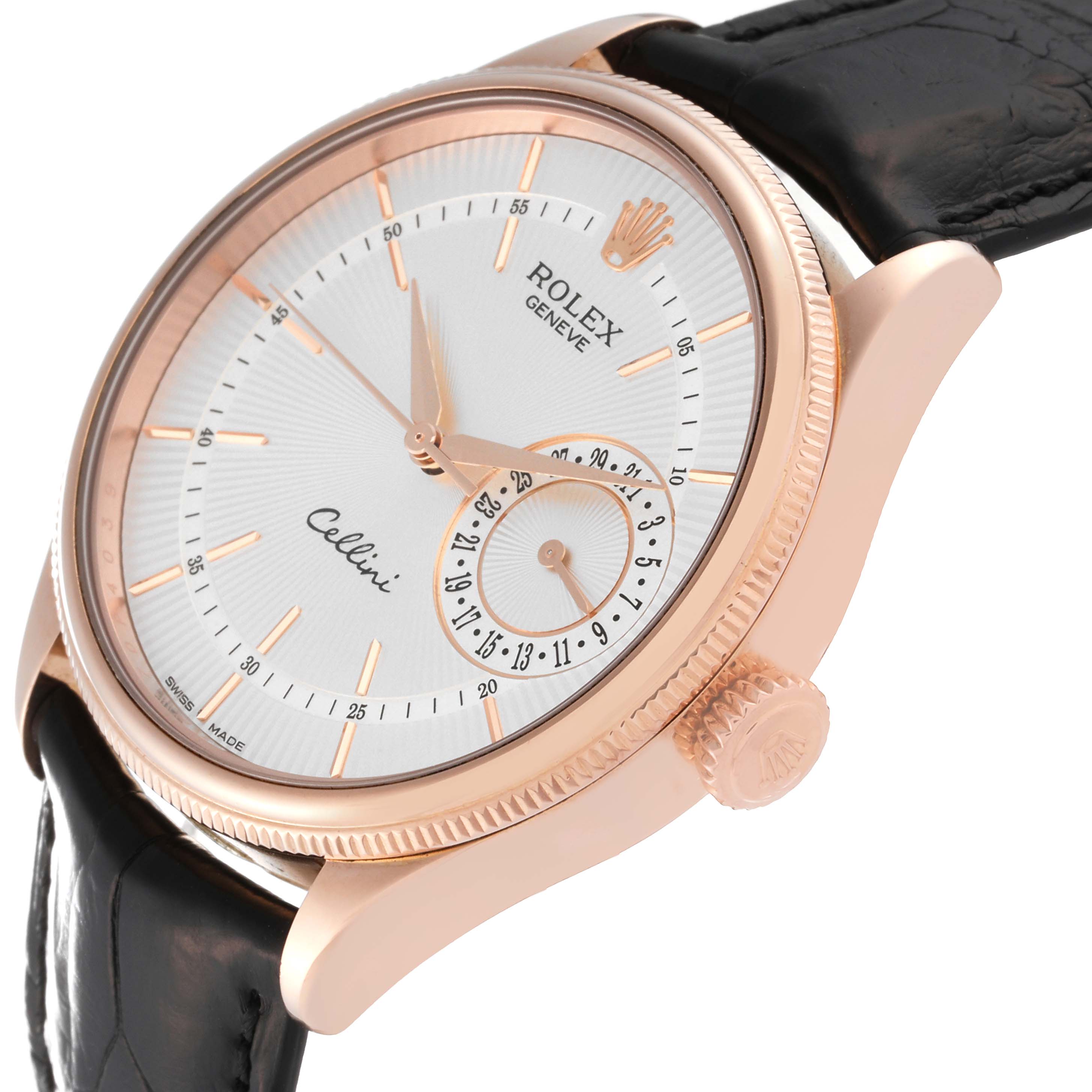The image shows a side view of the Rolex Cellini 50515 Men's Rose Gold Silver Dial 50515 Men's Rose Gold Silver Dial watch, highlighting its face, crown, and black leather strap.