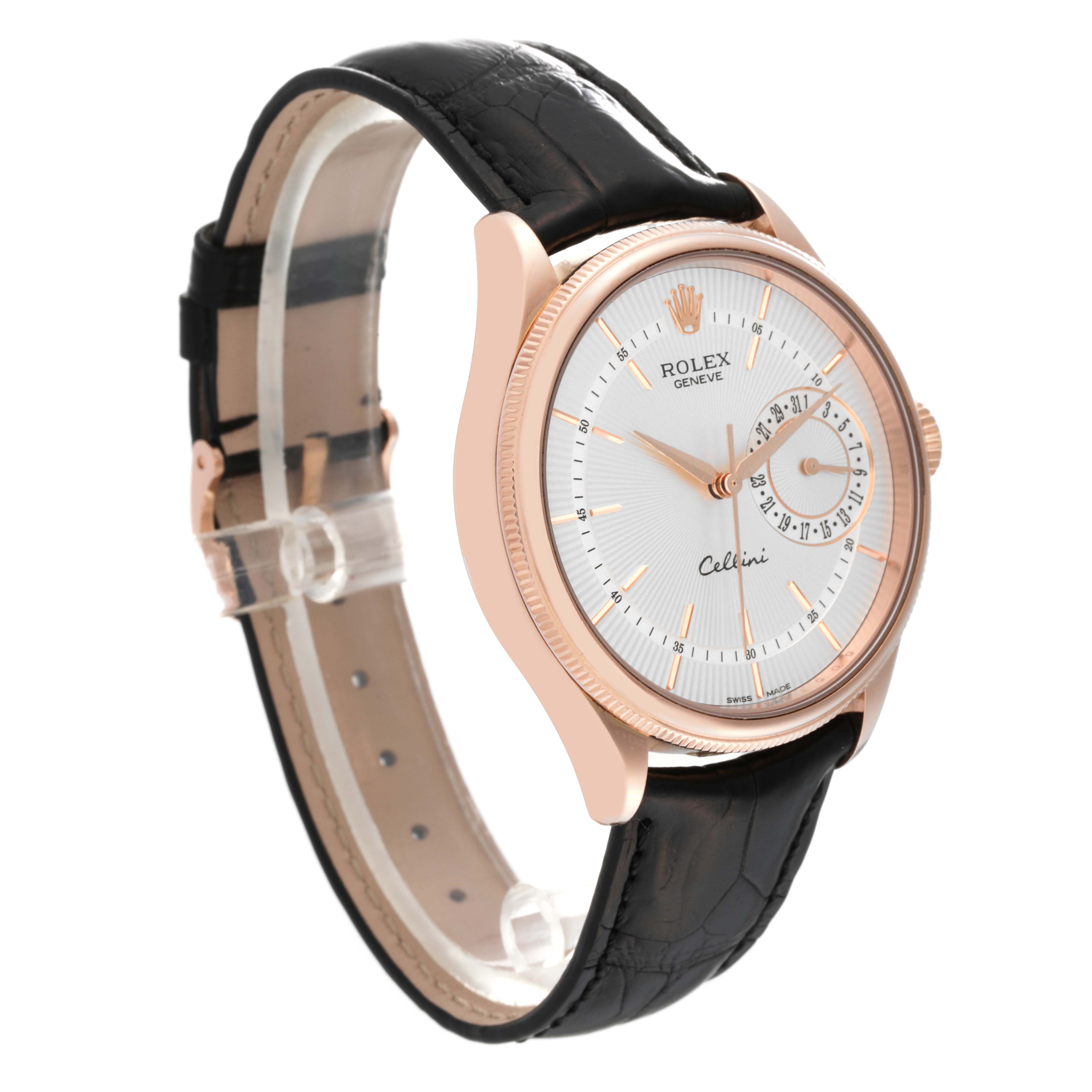 This image shows a side angle of a Rolex Cellini 50515 Men's Rose Gold Silver Dial 50515 Men's Rose Gold Silver Dial watch with its face, bezel, strap, and crown visible.