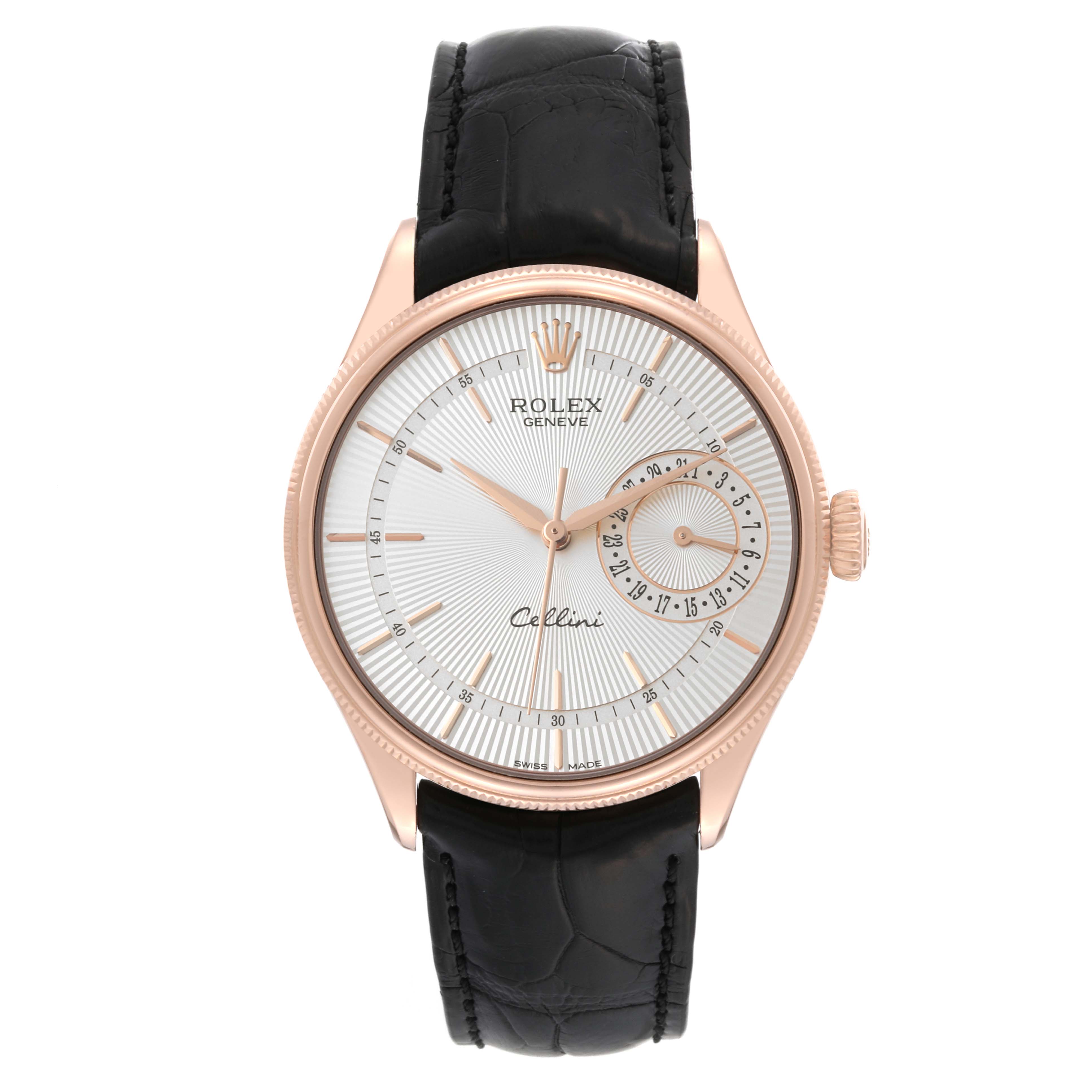 This image shows a Rolex Cellini 50515 Men's Rose Gold Silver Dial 50515 Men's Rose Gold Silver Dial watch from a front angle, highlighting its dial, hands, crown, and black leather strap.
